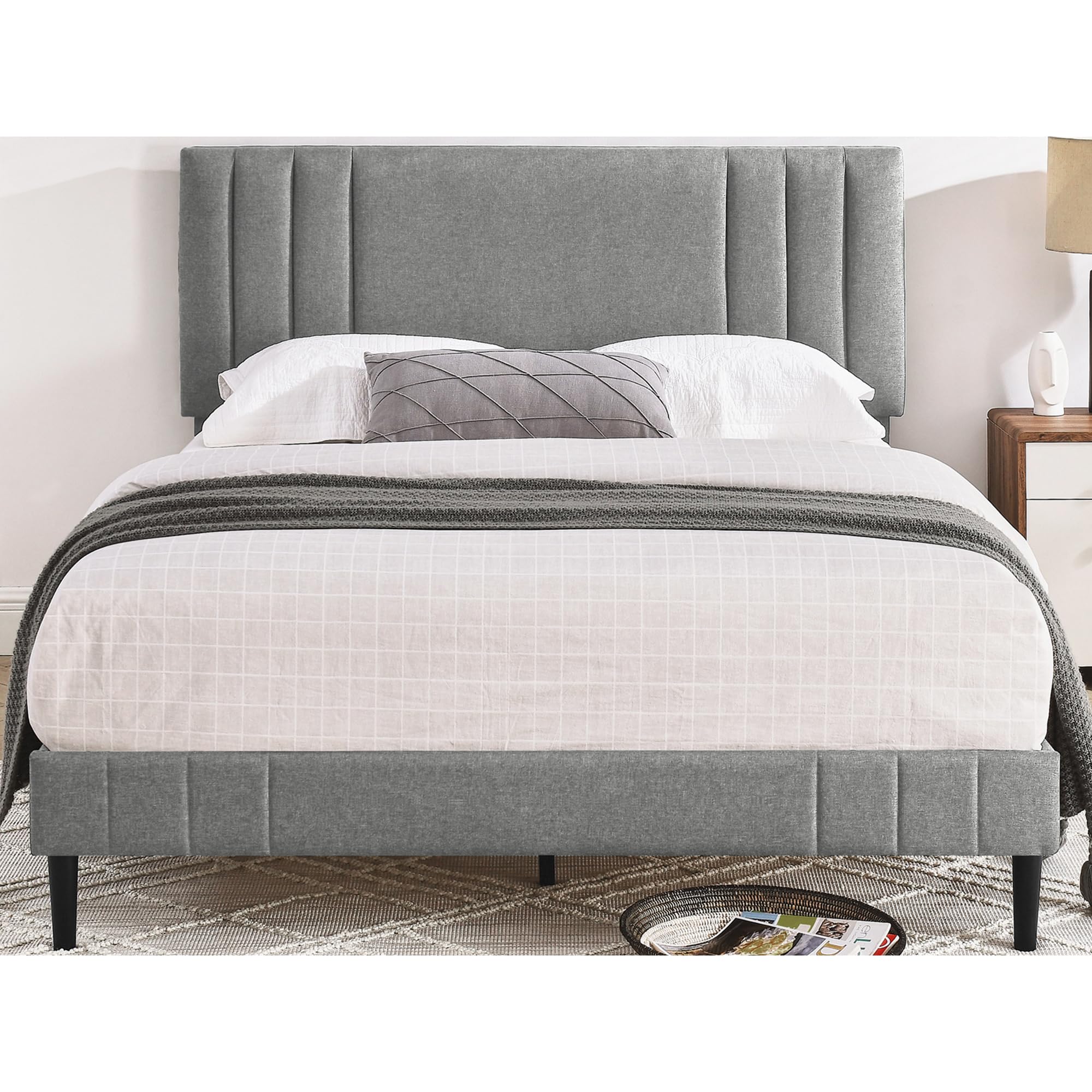 Modern Tufted Upholstered Queen Bed Frame with Platform - Grey Fabric Headboard for Chicago Style Bedroom | Perfect for Master Bedroom, Guest Room & Apartment Decor