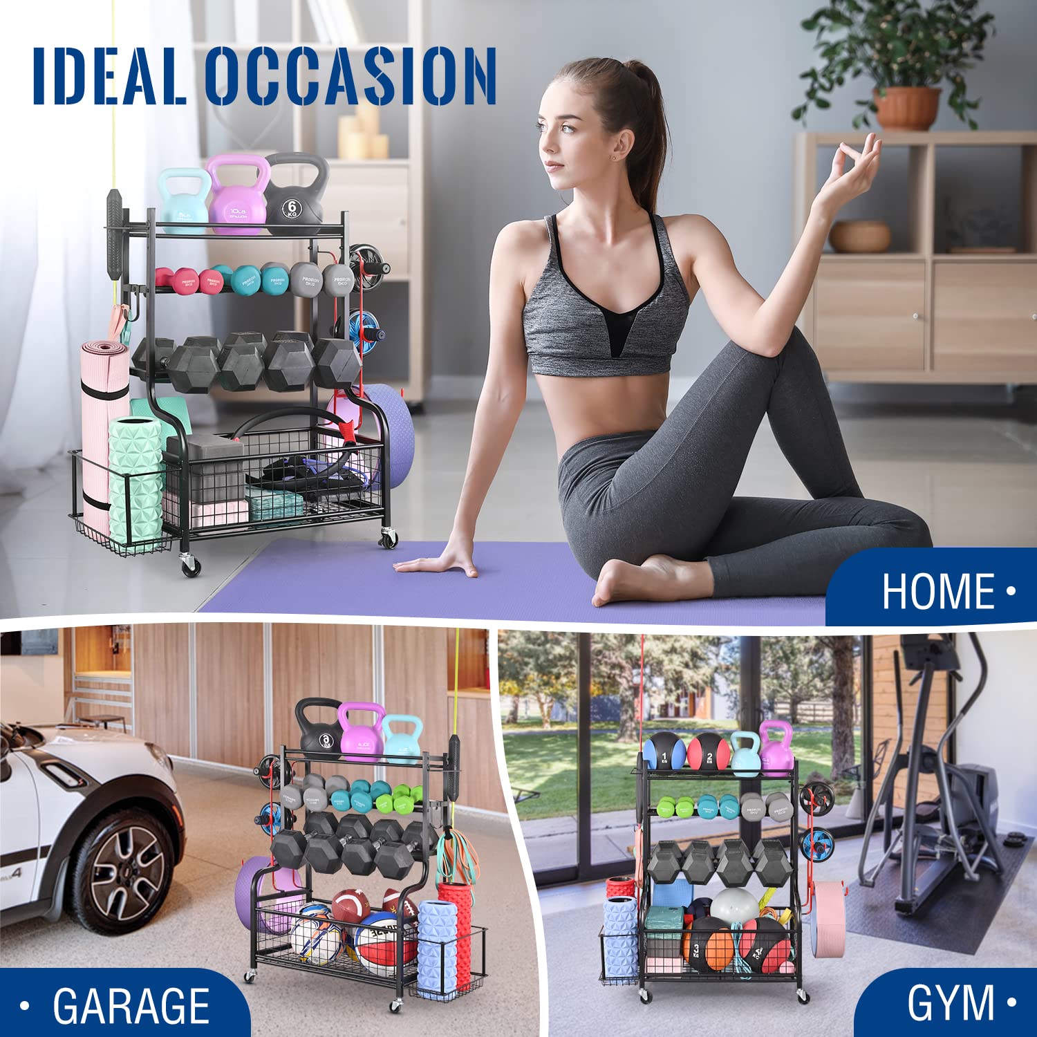 Mythinglogic Adjustable Dumbbell Rack with Wheels - Heavy Duty Home Gym Storage Organizer for Dumbbells, Kettlebells & Yoga Mats - Space Saving Workout Equipment Rack with Hooks - Perfect for Garage, Basement & Home Fitness Rooms