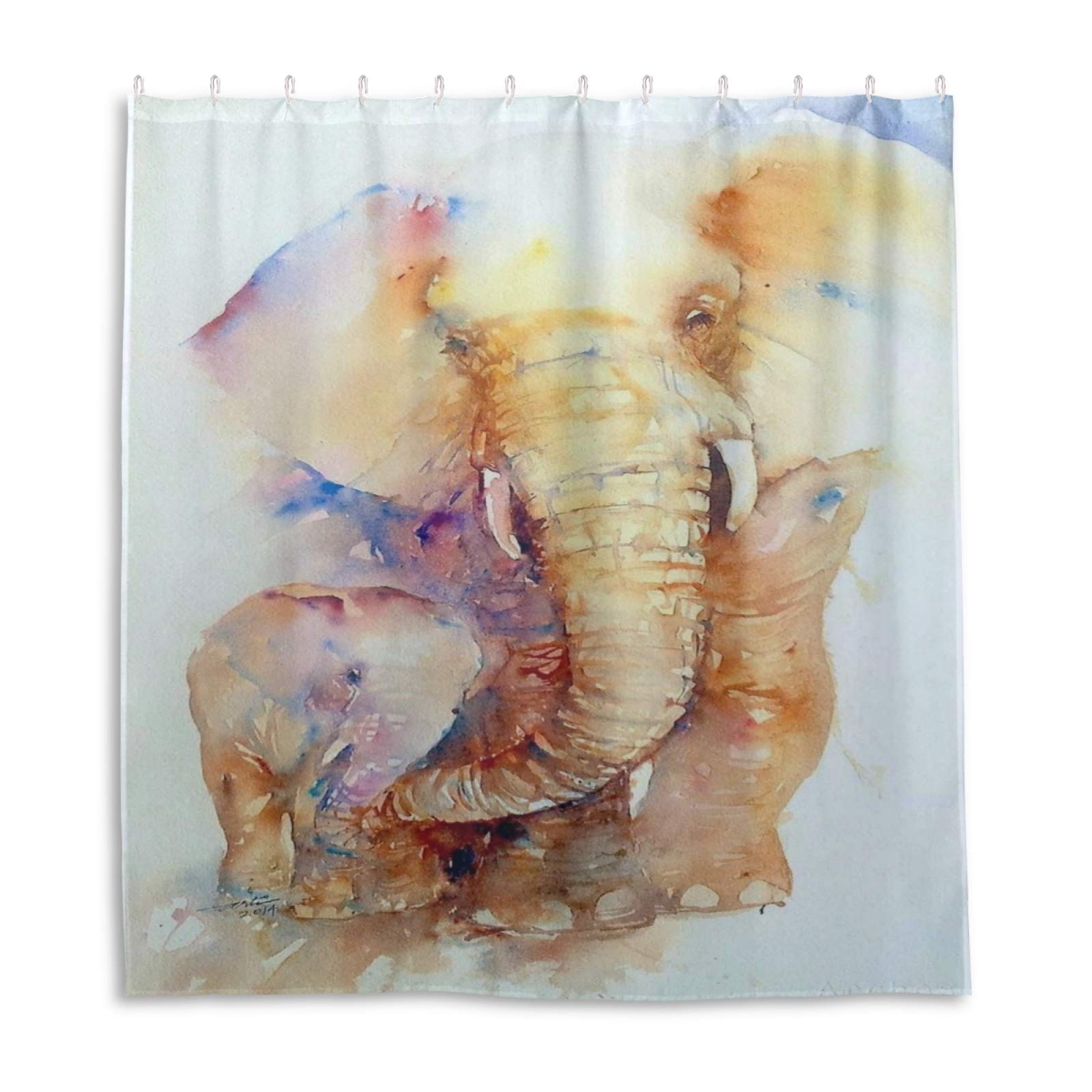 African Elephant with Baby Animal Shower Curtain Set - Watercolor Fabric Bathroom Decor with 12 Hooks - Modern Multi-Color Bath Accessories (66x72 Inches) - Machine Washable for Kids' Room, Nursery or Tropical Themed Bathroom