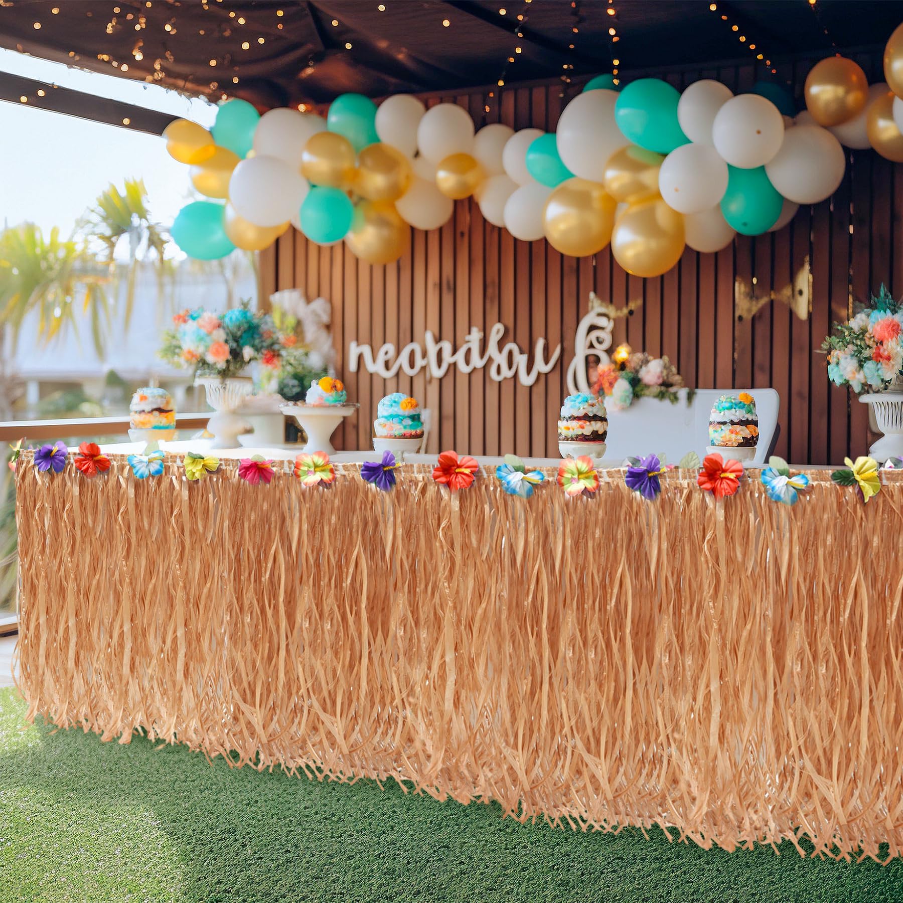 9ft Luau Grass Table Skirt - Tropical Hawaiian Fringe Table Cover for Tiki Bar Decor, Luau Party Supplies & Moana Birthday Party Decorations - Perfect for Beach Themed Events, Tropical Weddings, and Summer Party Decor