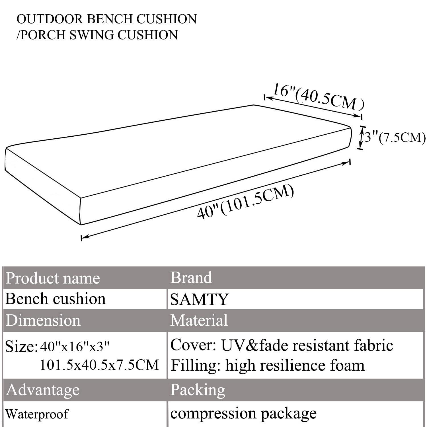 Waterproof Outdoor Bench Cushion 40x16 Inch - Weather-Resistant Patio Furniture Cushion for Porch Swing, Garden Seat & Settee - Comfortable Grey Pad for All-Season Use - Perfect for Backyard, Deck, Poolside & Outdoor Relaxation
