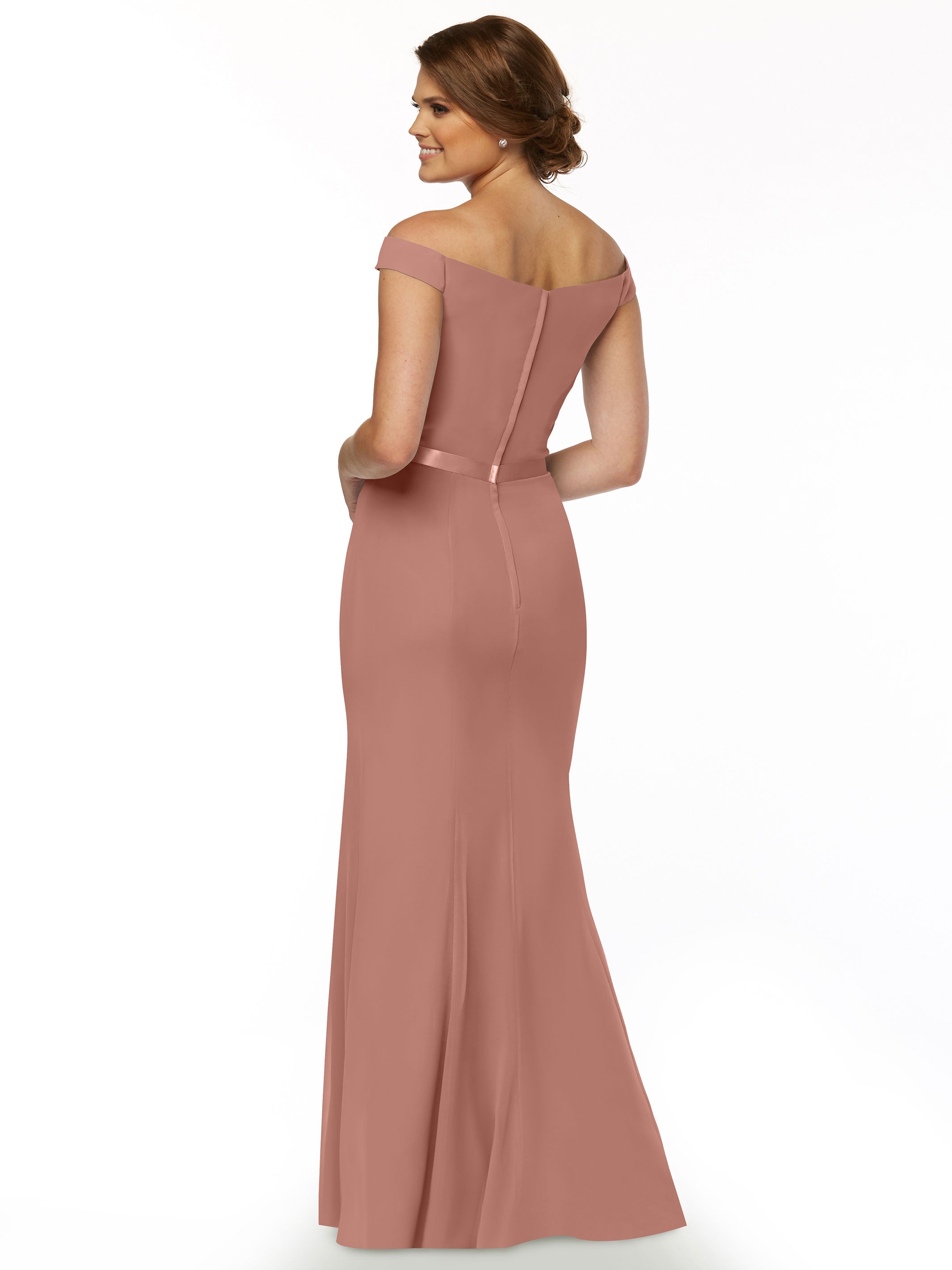 Elegant Off-The-Shoulder Chiffon Bridesmaid Dress with Ribbon Belt - Flowy Fit & Flare Design for Weddings, Parties & Special Occasions | Style #80079