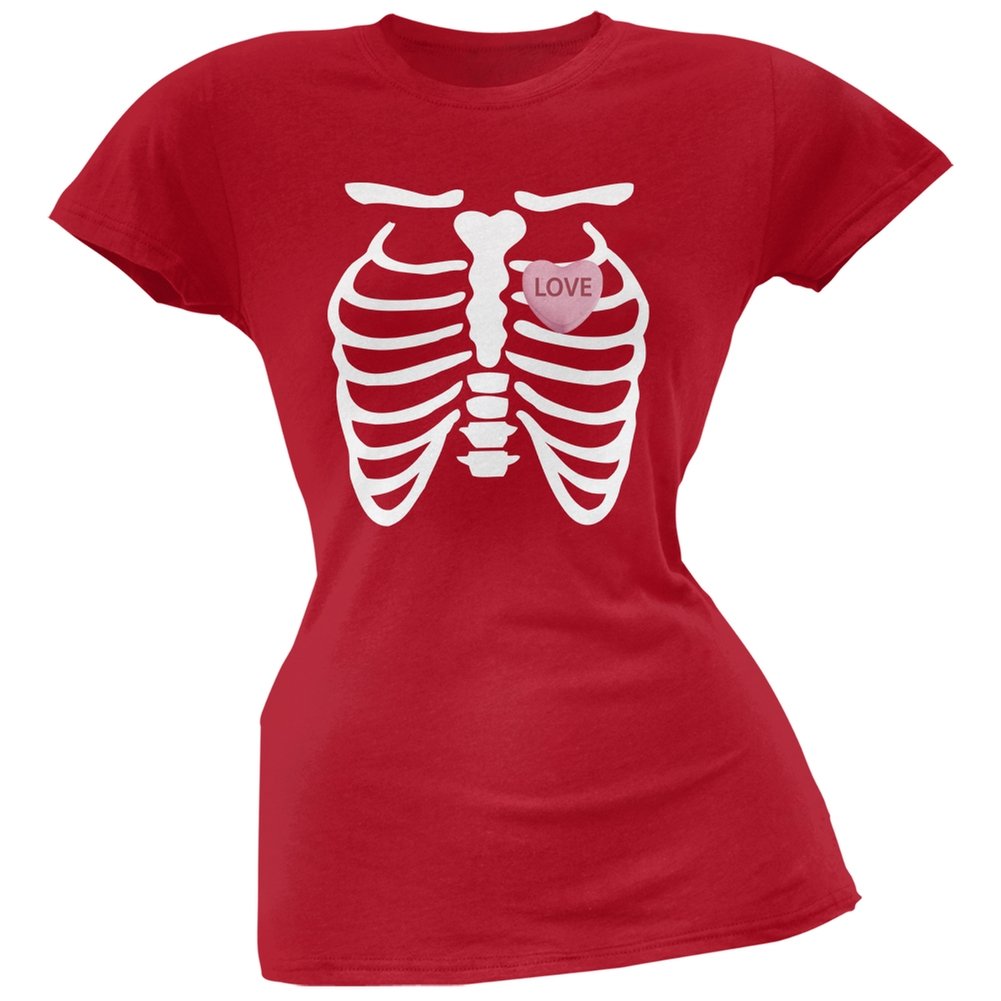 Skeleton Love Candy Heart Red Soft Juniors T-Shirt | Cute Valentine's Day Graphic Tee for Girls | Perfect for Halloween, Valentine's Day & Casual Wear