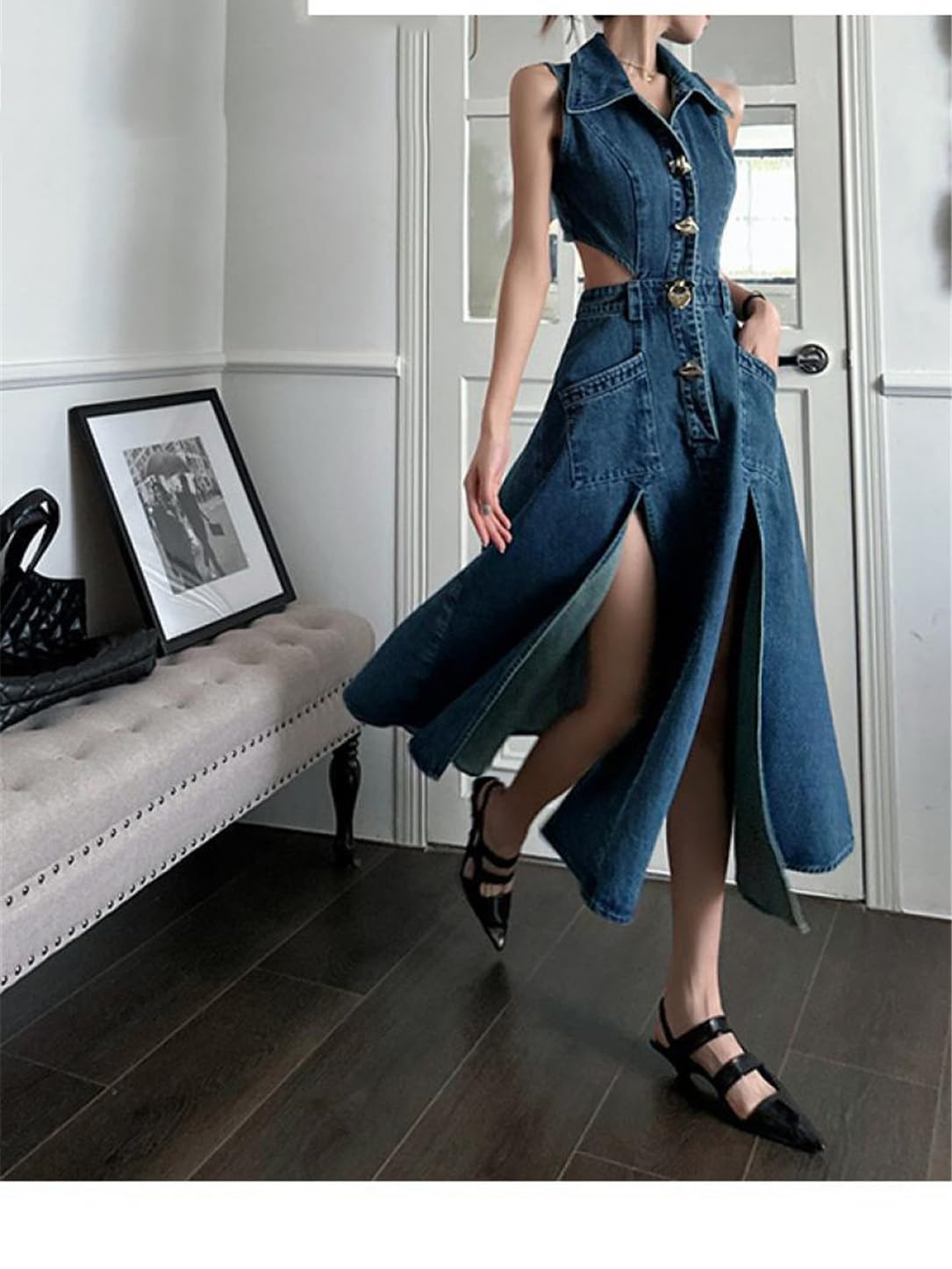 Vintage Women's Hollow Out Sleeveless Denim Dress - High Waist Slim Fit Long Jean Dress with Side Slits for Casual Outings & Summer Fashion
