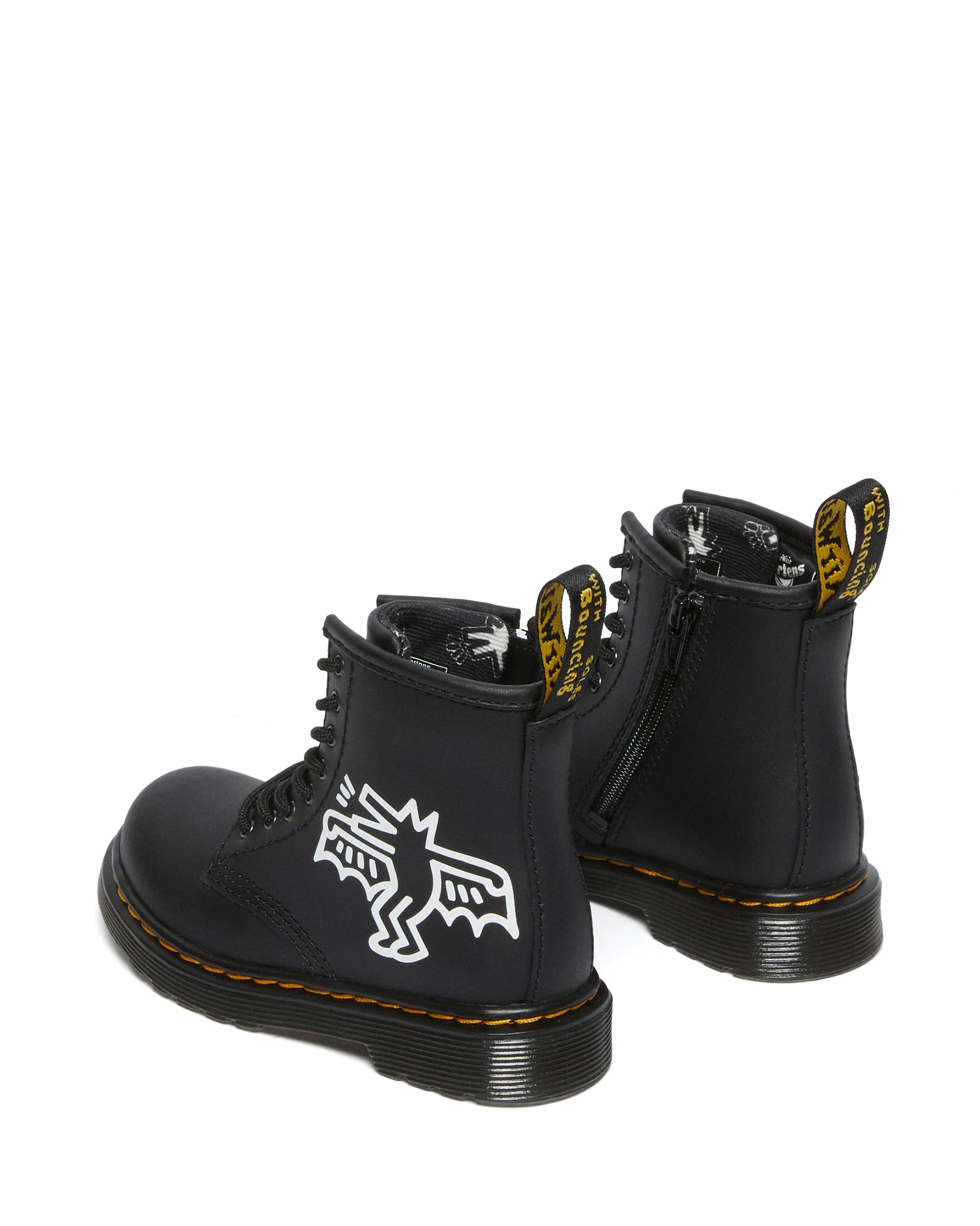 Dr. Martens 1460 Keith Haring Youth Black Hydro Leather Lace Up Boots - Punk Fashion Unisex Ankle Booties for Teens, Streetwear & Concert Outfits