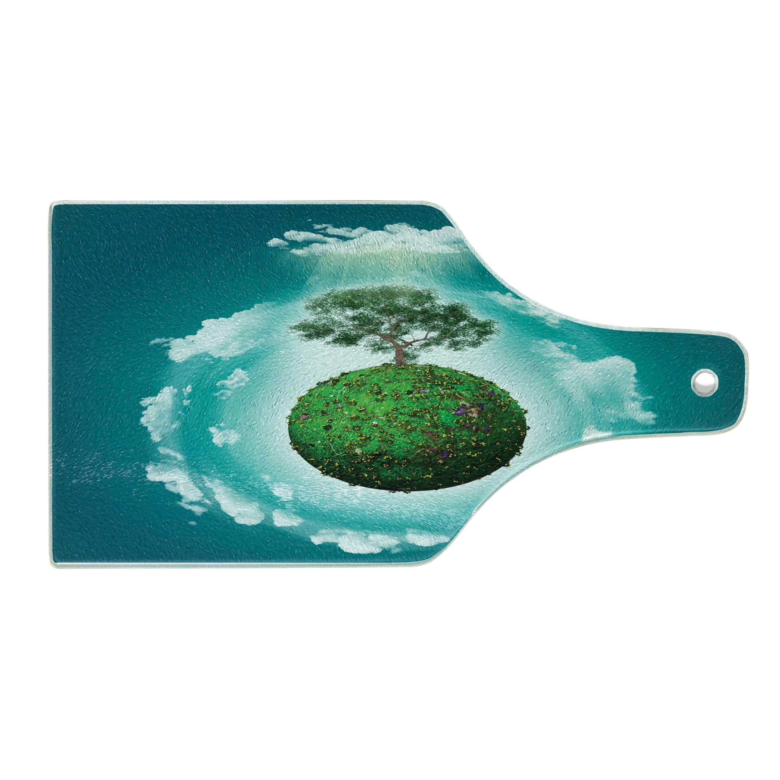 Ambesonne Tree of Life Tempered Glass Cutting Board - Artistic Wine Bottle Shaped Serving Board with Grassy Globe & Plant Clouds Design - Perfect for Kitchen Use, Charcuterie Platter & Home Decor (Green, Blue, White)