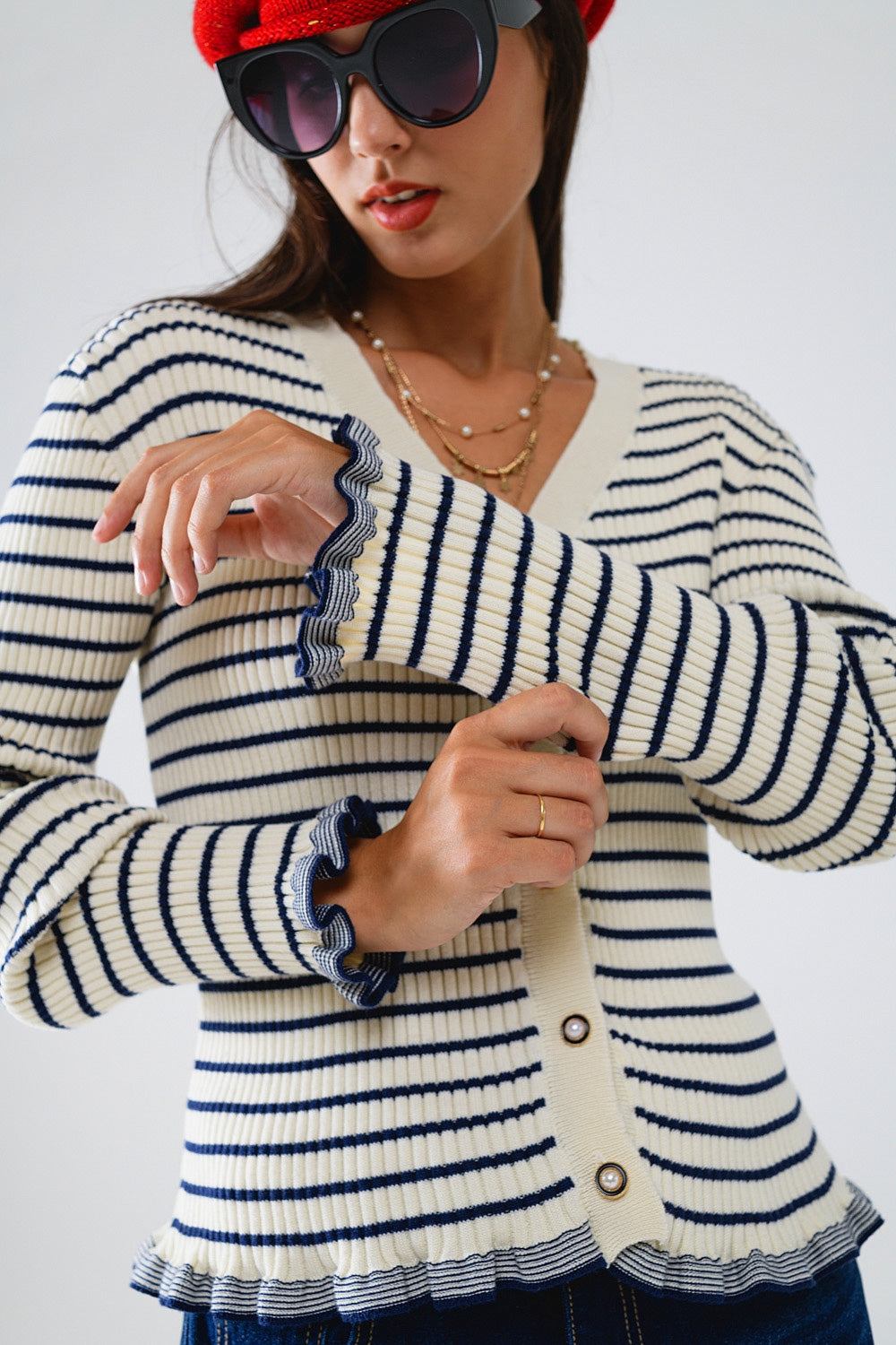 Cream Striped Cardigan with Ruffled Hem - Perfect for Casual Outfits, Office Wear & Cozy Fall Layering