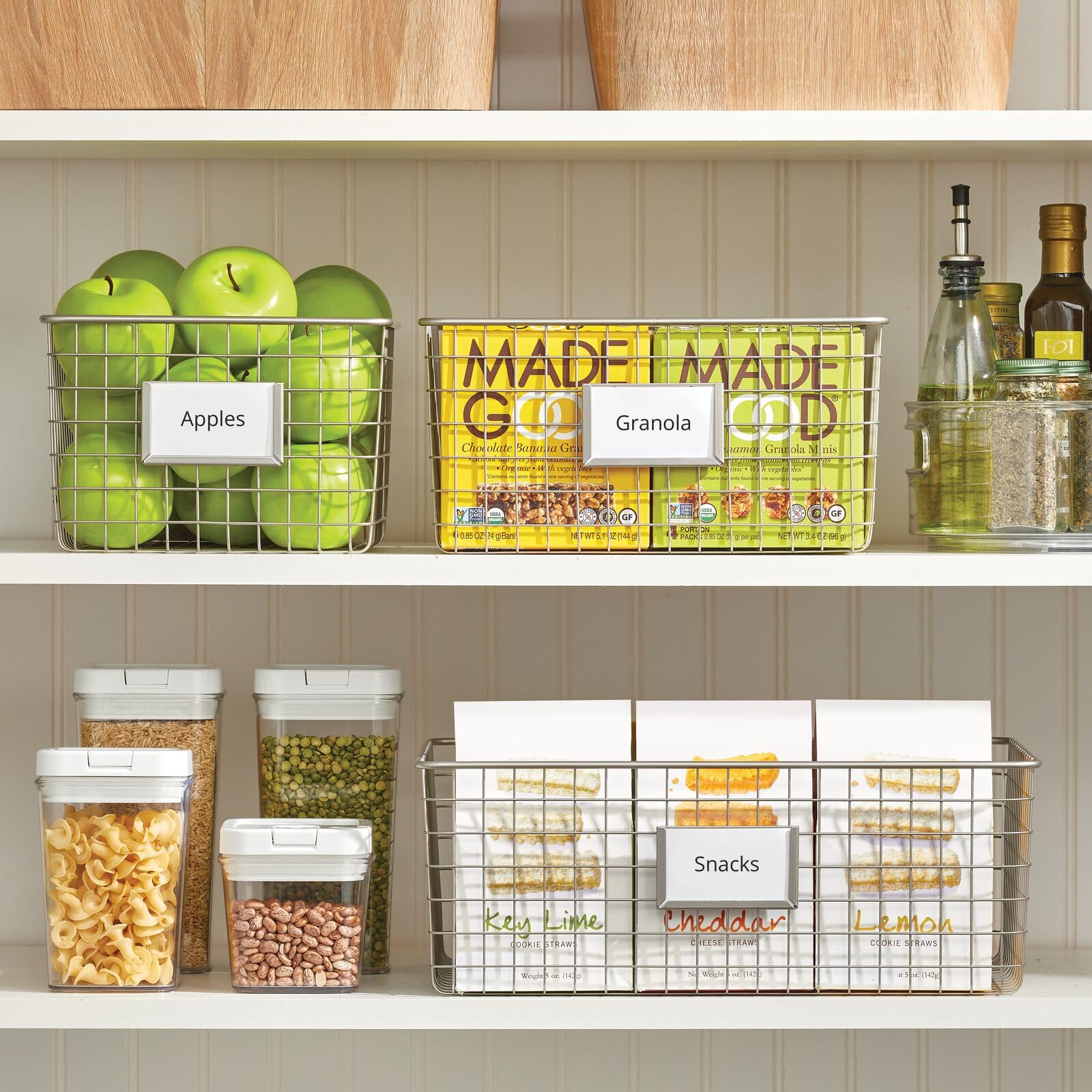 mDesign Wide Steel Wired Storage Organizer Bins with Label Slots - 4 Pack Satin Finish for Kitchen Pantry, Cabinet & Home Organization | Perfect for Food Storage, Snacks, Produce & Drinks | Omaha Collection | Ideal for Pantry Shelving, Refrigerator Organization & Closet Storage