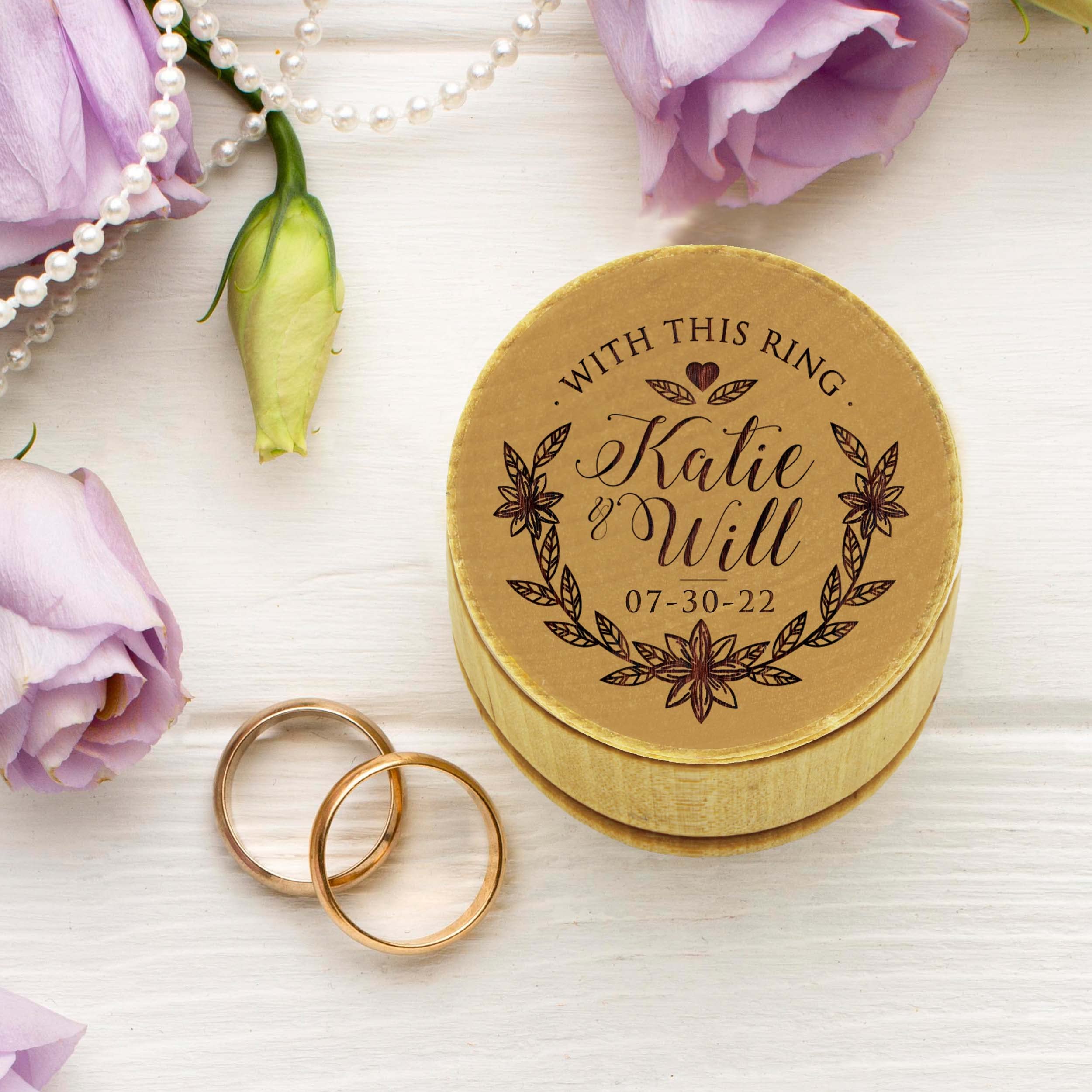 Personalized Engraved Wood Ring Box - Custom Rustic Round Ring Bearer Holder for Wedding, Engagement & Proposal - Perfect for Jewelry Gift Box & Keepsake Storage