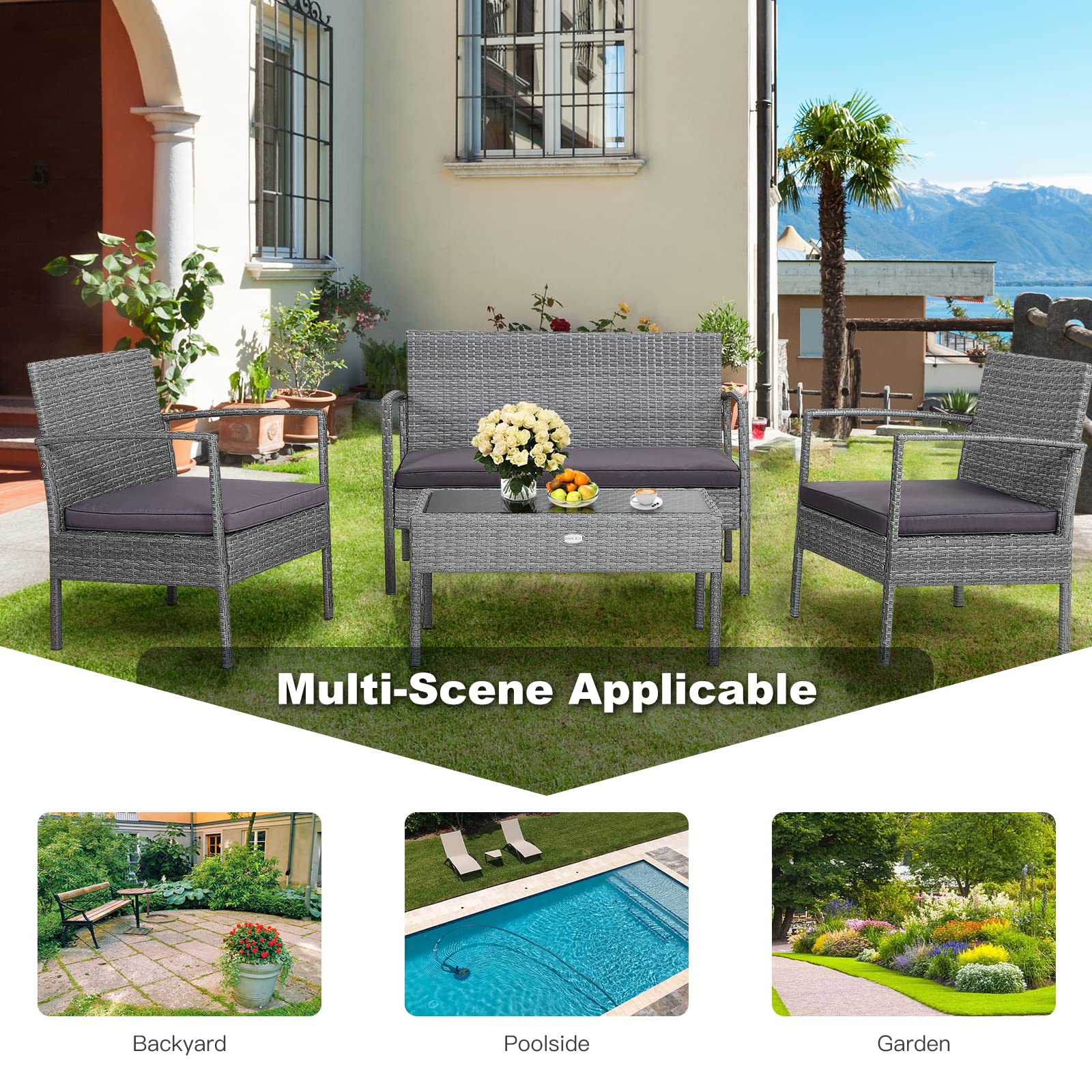 Tangkula 4-Piece Outdoor Patio Furniture Set with Cushions - All-Weather Wicker Sectional Sofa, Glass Top Coffee Table & Sturdy Steel Frame - Perfect for Backyard, Poolside, Balcony or Garden Relaxation