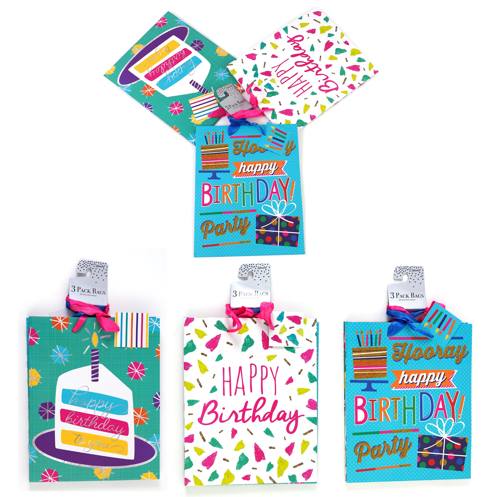 3-Pack Large Birthday Party Gift Bags with UV Varnish & Glitter - 3 Unique Designs for Kids Birthday Party Favors & Celebration Supplies