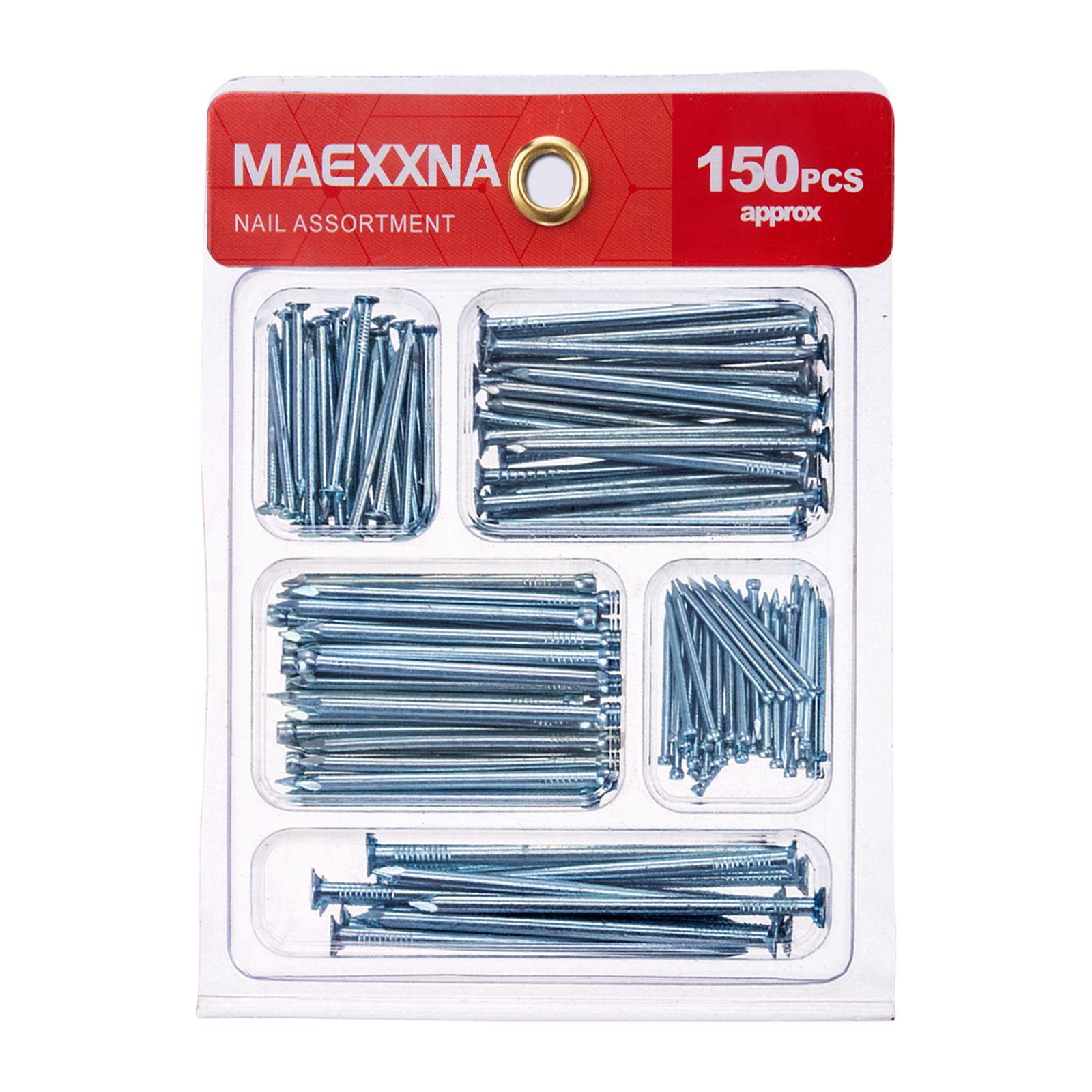 Maexxna 2-Inch Long Nails 150-Piece Hardware Nail Assortment Kit - Includes Finish Nails, Wire Nails, Common Nails, Brad Nails & Picture Hanging Nails for DIY Projects, Home Repairs & Woodworking