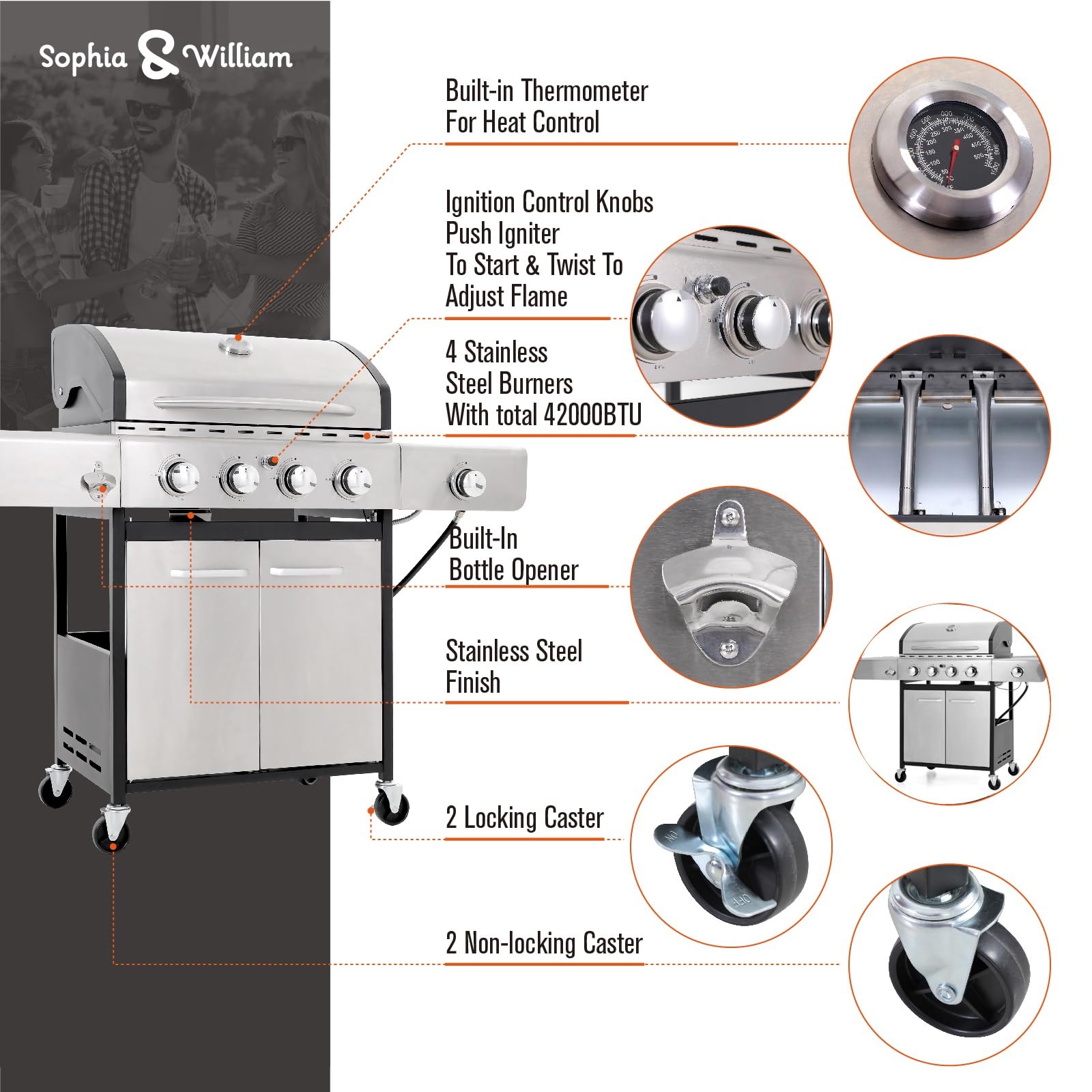 Sophia & William 42,000BTU 4-Burner Propane Gas Grill with Side Burner - Porcelain-Enameled Cast Iron Grates & Stainless Steel Construction - Outdoor BBQ Grill for Backyard, Patio, and Camping Cooking - Silver Cabinet Style Gas Grill