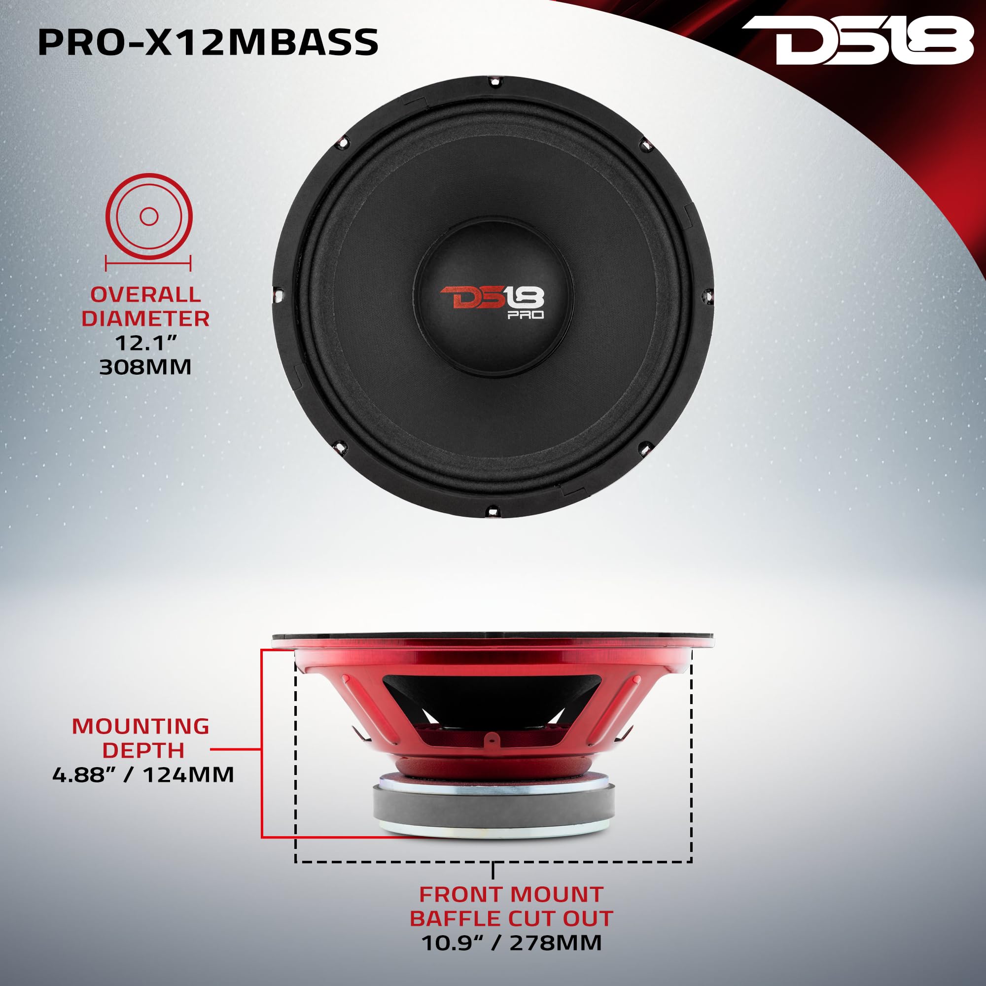 DS18 PRO-X12MBASS 12-Inch Mid Bass Loudspeaker - 1000W Max Power, 8 Ohm Impedance, High Performance Car Audio Speaker for Bass Boost & Clear Sound - Perfect for Car Audio Systems, Home Theaters & Live Music Performances