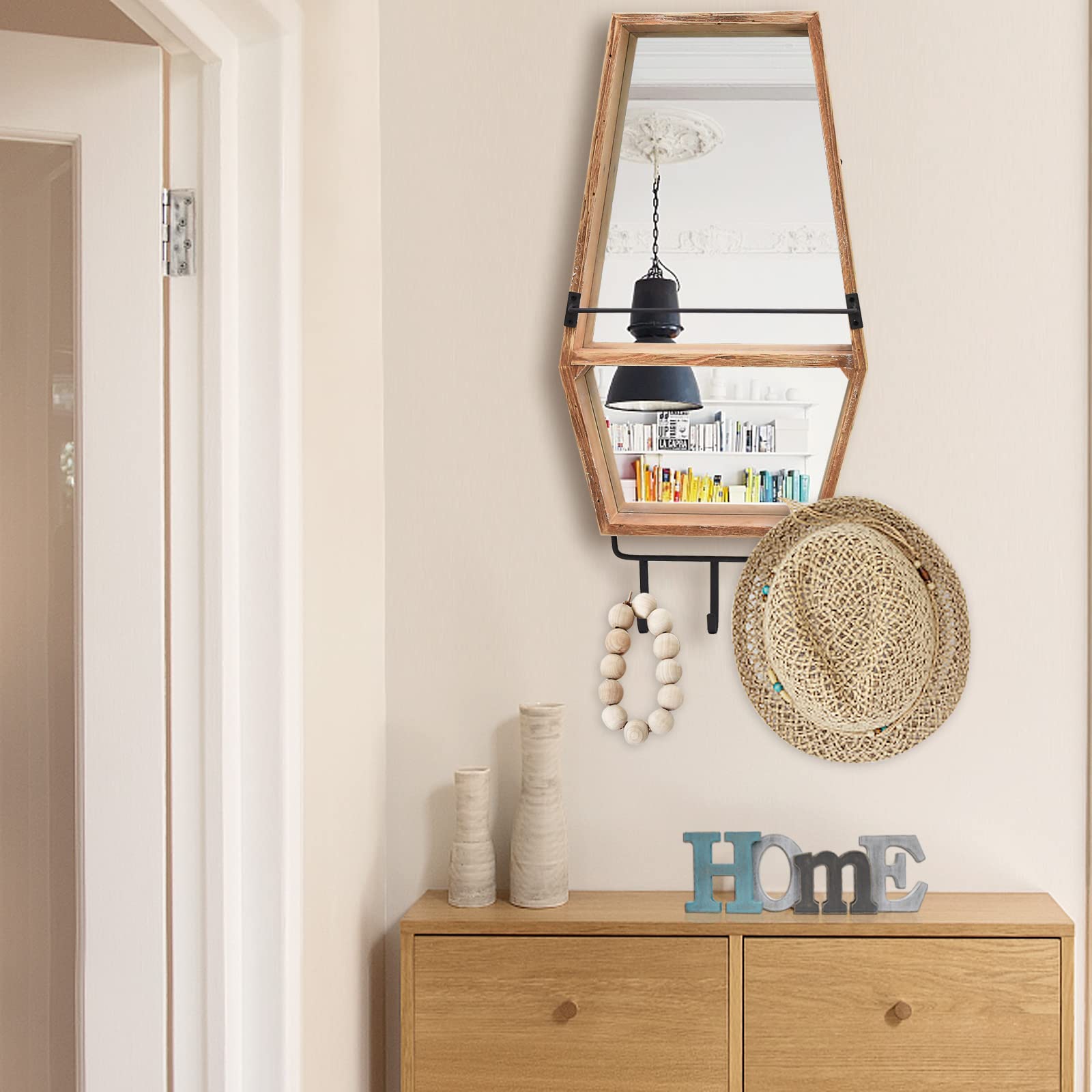 Rustic Wood Framed Wall Mirror with Hooks and Shelf - Decorative Hanging Entryway Mirror for Bathroom, Living Room, Bedroom - Farmhouse Decor (13.78