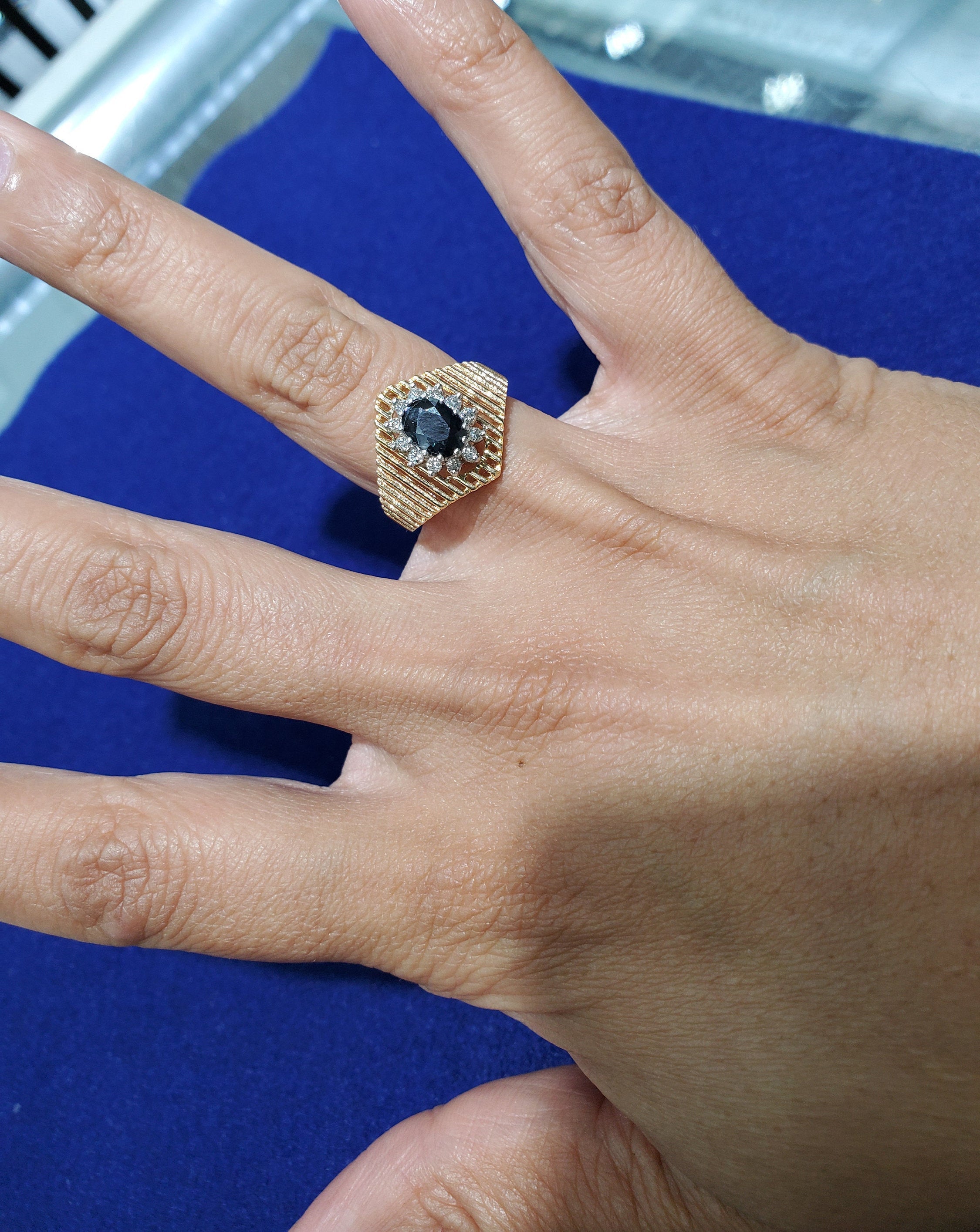 14k Yellow Gold Sapphire Diamond Halo Cocktail Ring | Elegant Evening Party Jewelry for Women