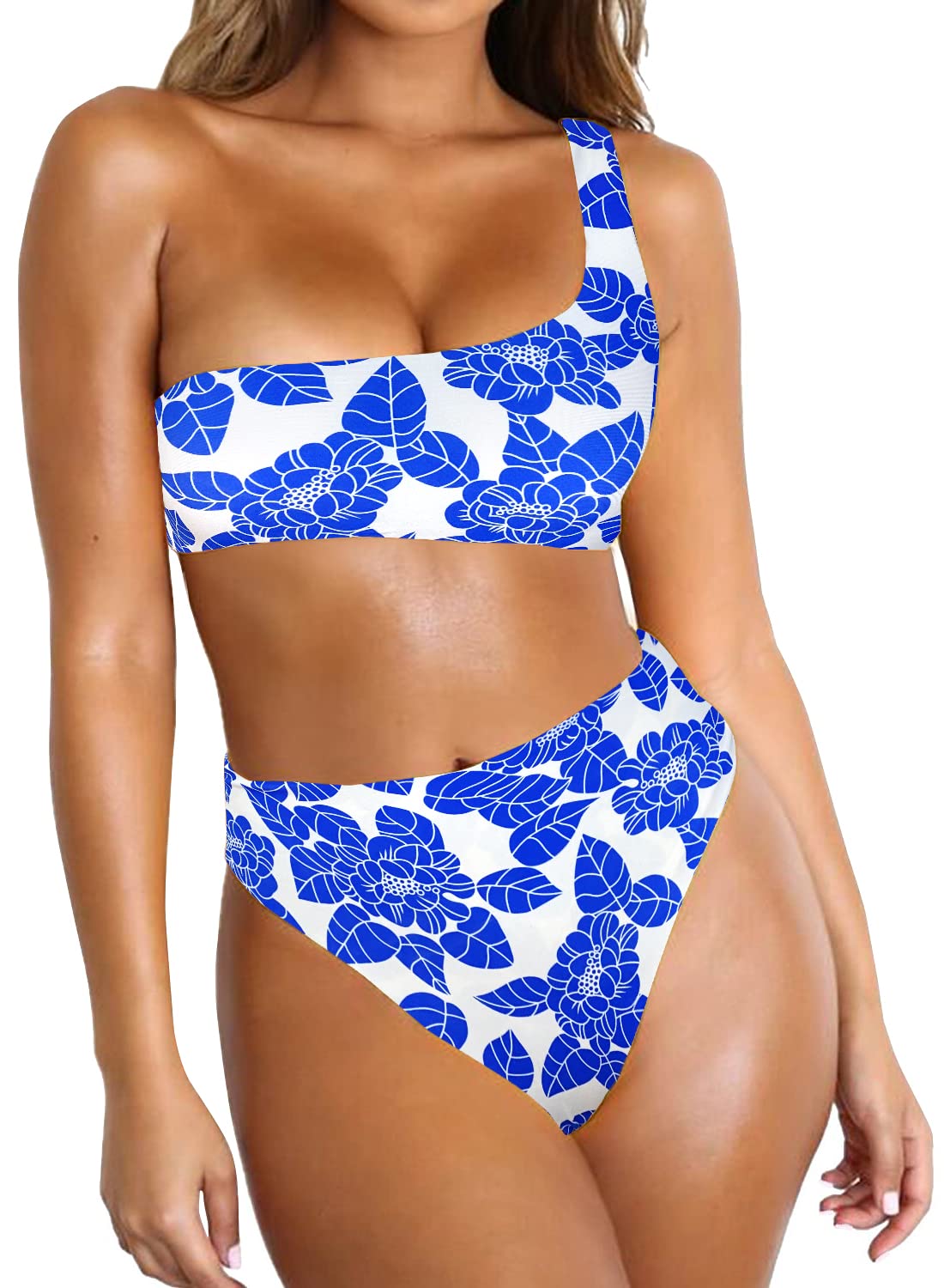 BYOAUO Women's One Shoulder Bikini Top & High Waisted Bottom 2-Piece Swimwear Set - Perfect for Beach Vacation, Pool Party & Summer Getaways
