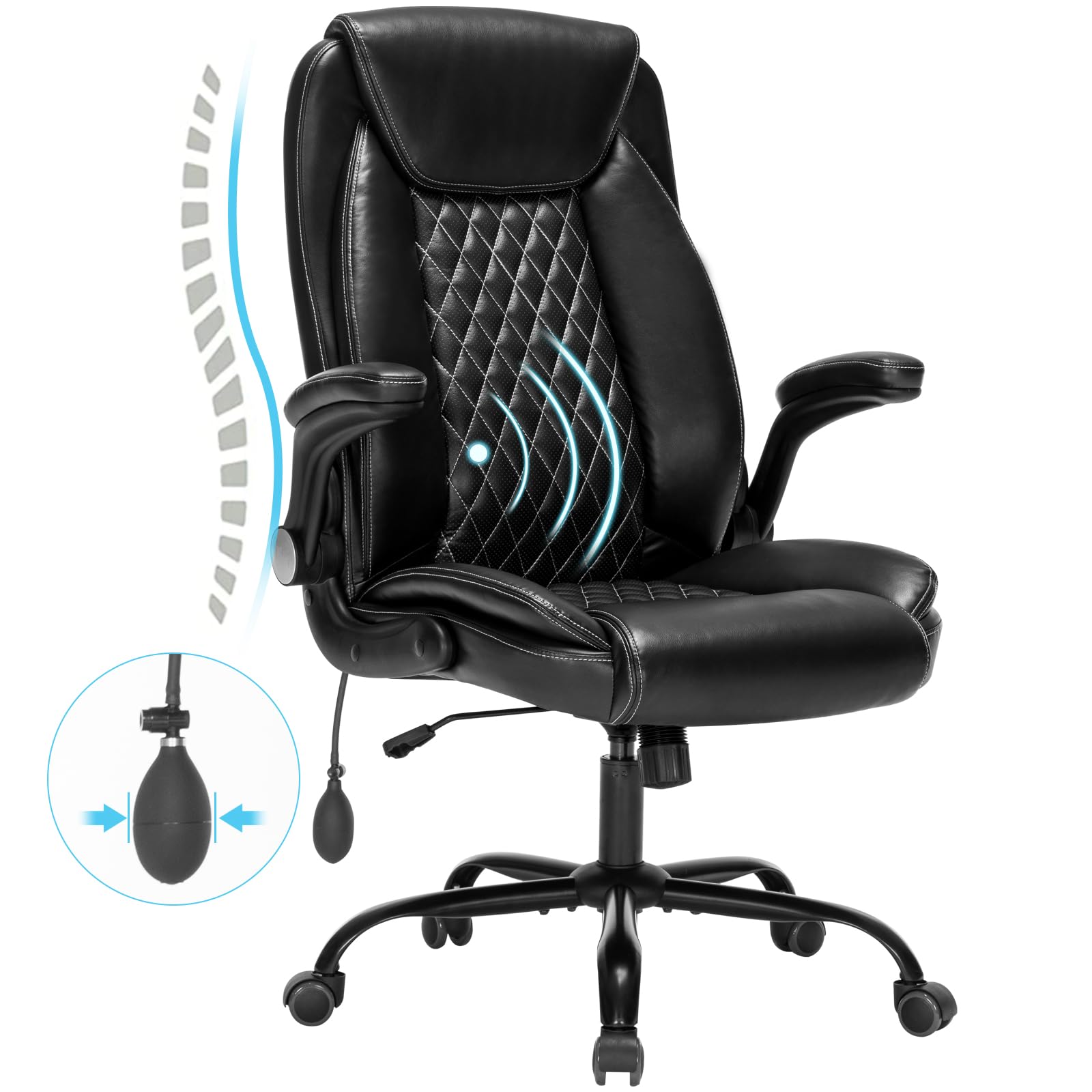 Ergonomic High Back Office Chair - Adjustable Lumbar Support & Flip-Up Arms PU Leather Desk Chair with Spring Cushion for Home Office, Gaming & Computer Workstation