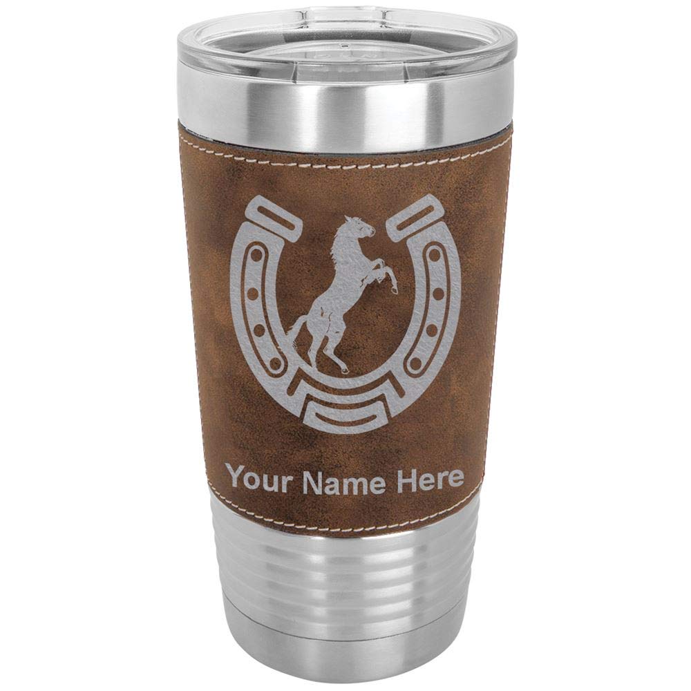 LaserGram 20oz Vacuum Insulated Stainless Steel Tumbler with Horseshoe & Horse Design - Personalized Engraved Gift for Cowboy, Equestrian & Western Lovers - Faux Leather Wrap & Rustic Finish - Perfect for Coffee, Tea & Cold Drinks at Work, Ranch or Outdoor Adventures