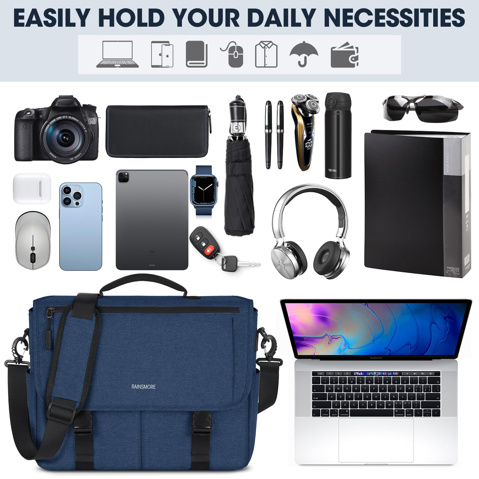 RAINSMORE Waterproof Messenger Bag for Men - 15.6 Inch Laptop Briefcase, Durable Crossbody Shoulder Bag for College, Office & Travel - Stylish Blue Casual Satchel for Work, Business & Daily Commute