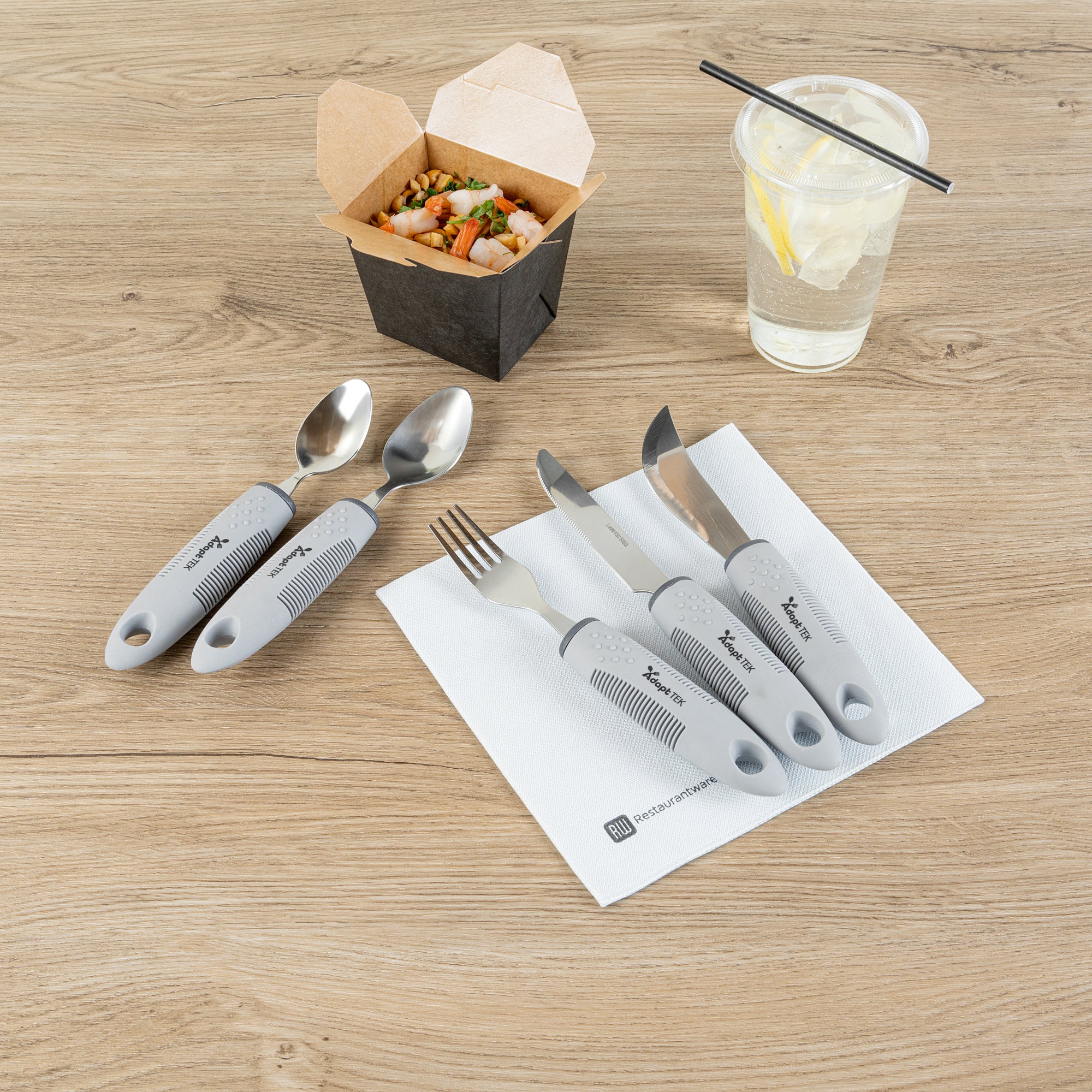 Adapt Tek Gray Stainless Steel 5-Piece Adaptive Utensil Set - Lightweight, Non-Slip Grip for Easy Eating - Ideal for Seniors & People with Arthritis or Limited Mobility (1 Count Box) - Perfect for Home, Assisted Living & Travel Use