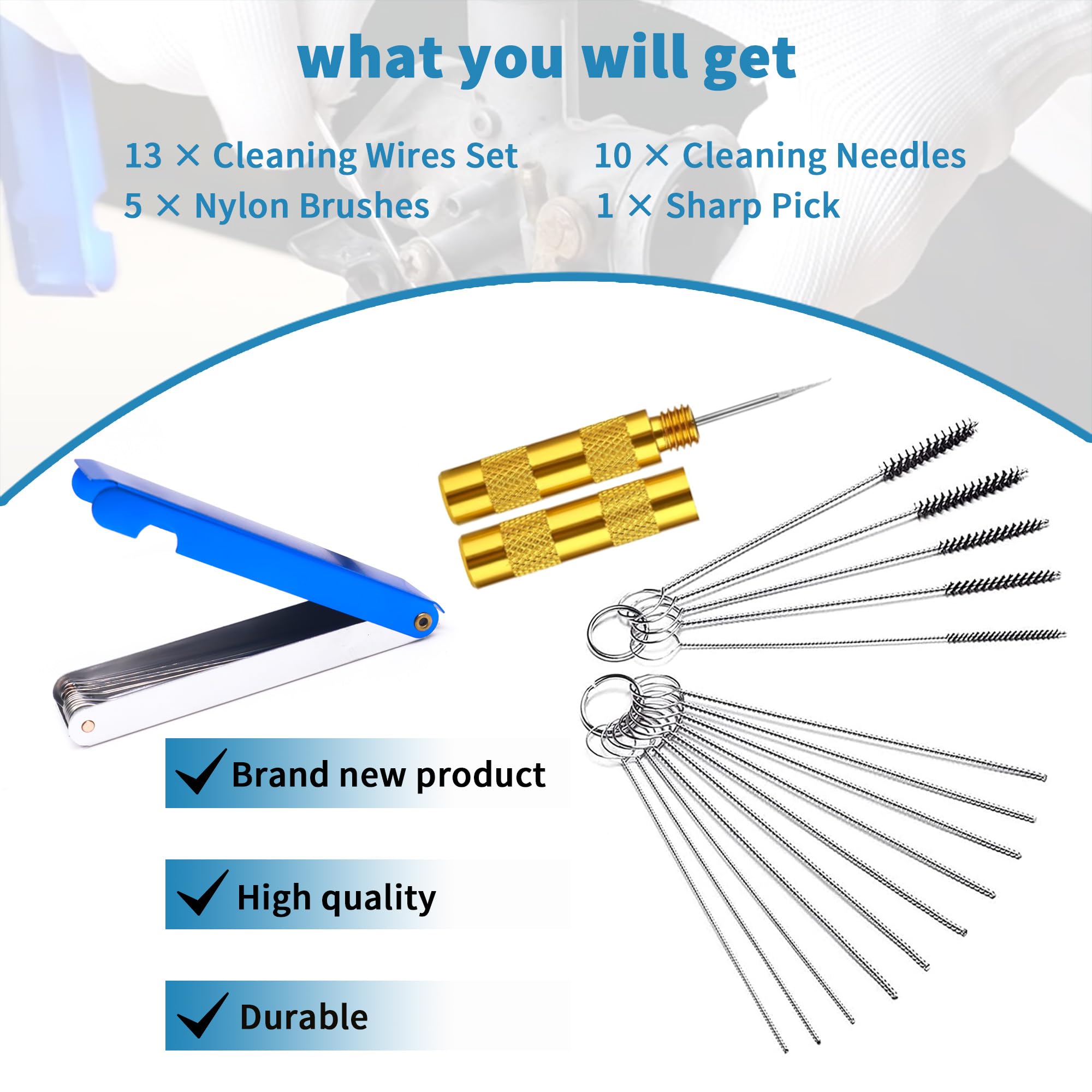 Carburetor Cleaner Kit - 13 Cleaning Wires, 10 Needles, 5 Nylon Brushes & Sharp Pick Tool for Motorcycle, ATV, Moped, Welder & Chainsaw - Remove Carbon Dirt & Jets - Perfect for Engine Maintenance & Small Engine Repair