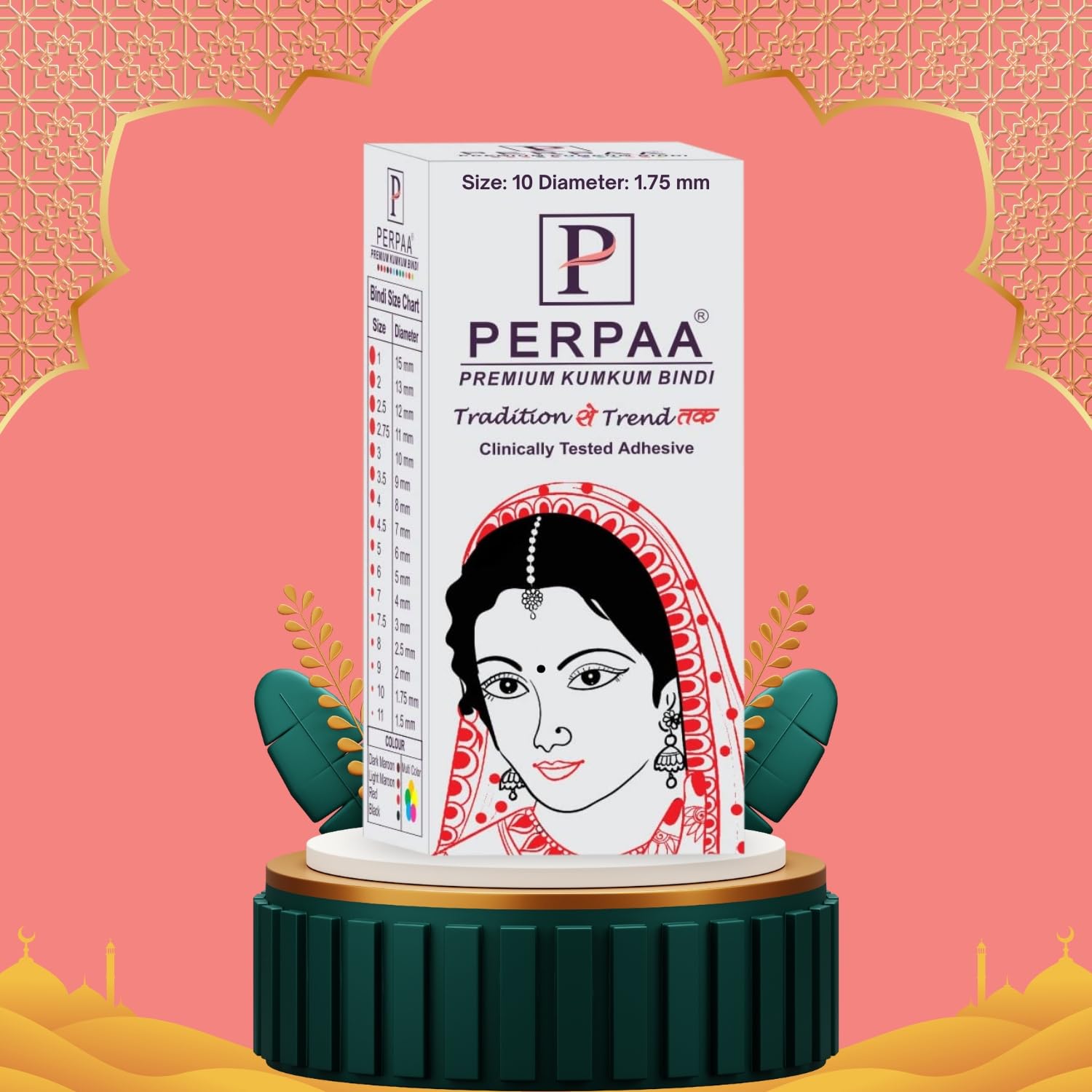 PERPAA Kumkum Black Round Bindi Stickers for Women - 10 Pack (1.75mm Diameter) - Traditional Indian Forehead Decoration for Weddings, Festivals & Daily Wear