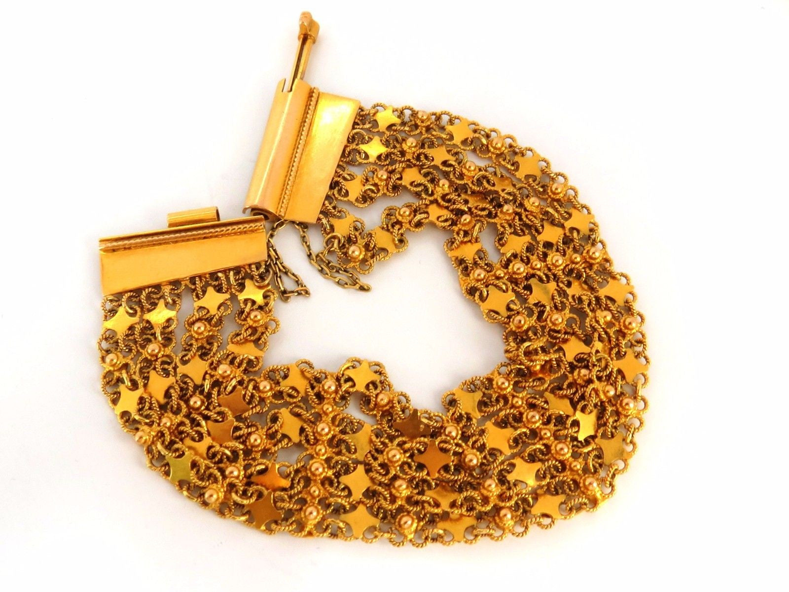 18Kt Yellow Gold Vintage Wide Cuff Bracelet - Hinged Mesh Link Beads (7.5 Inches) - Elegant Jewelry for Women, Perfect for Parties, Weddings & Special Occasions
