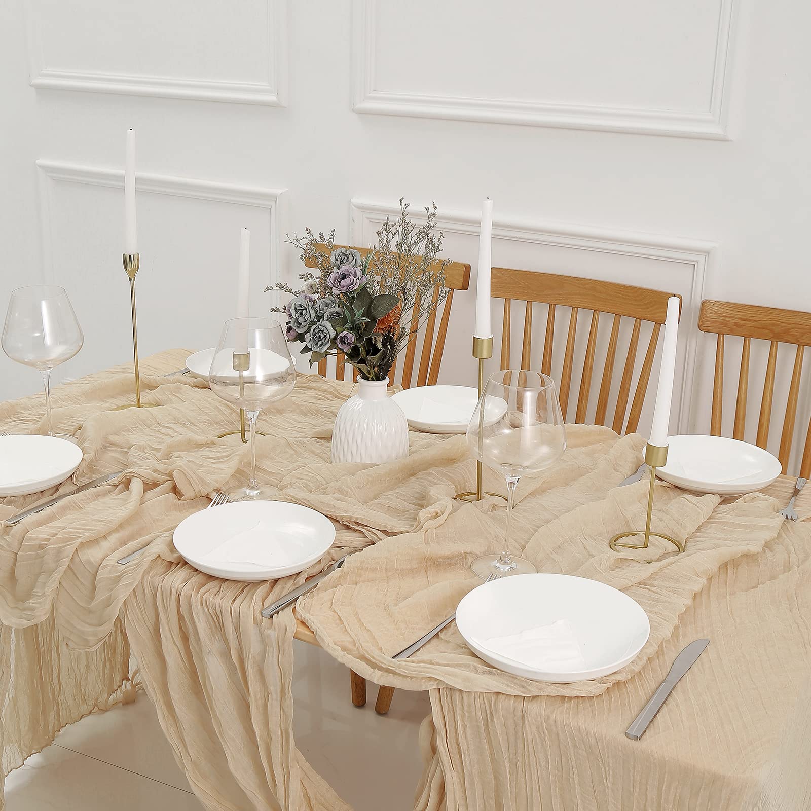 8PCS Beige Cheesecloth Table Runners - 13.3ft Boho Gauze Fabric, Rustic Sheer Table Decor for Wedding, Bridal Shower, Birthday Party, Cake Table, Home Dining & Outdoor Picnic Decorations