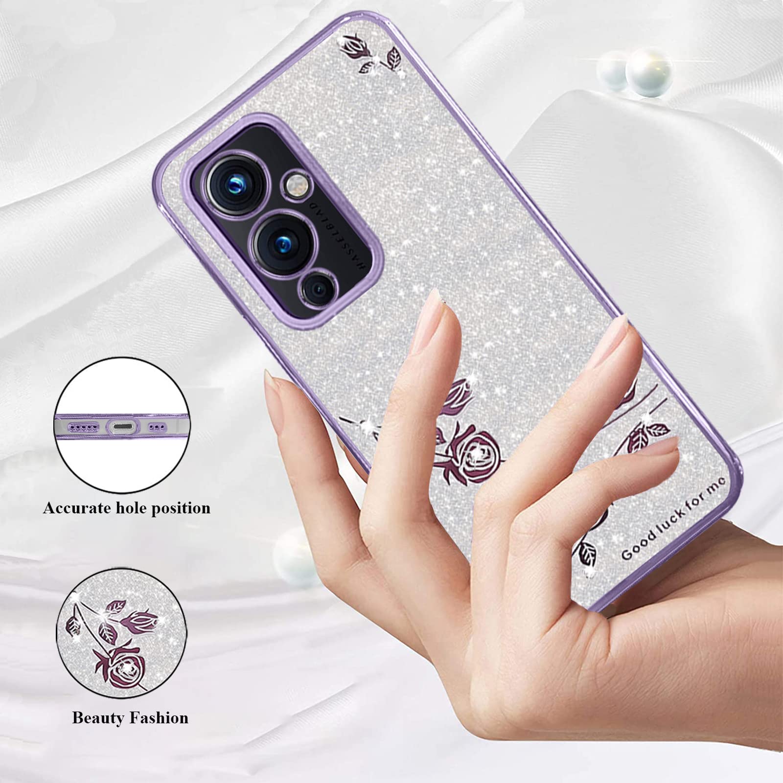 Sparkly Glitter Luxury Diamond Bling OnePlus 9 Case for Women - Pink Floral Clear Shockproof TPU Phone Cover (Purple-Silver) | Cute Protective Case for Girls, Soft & Durable | Perfect for Everyday Use, Work, School & Travel