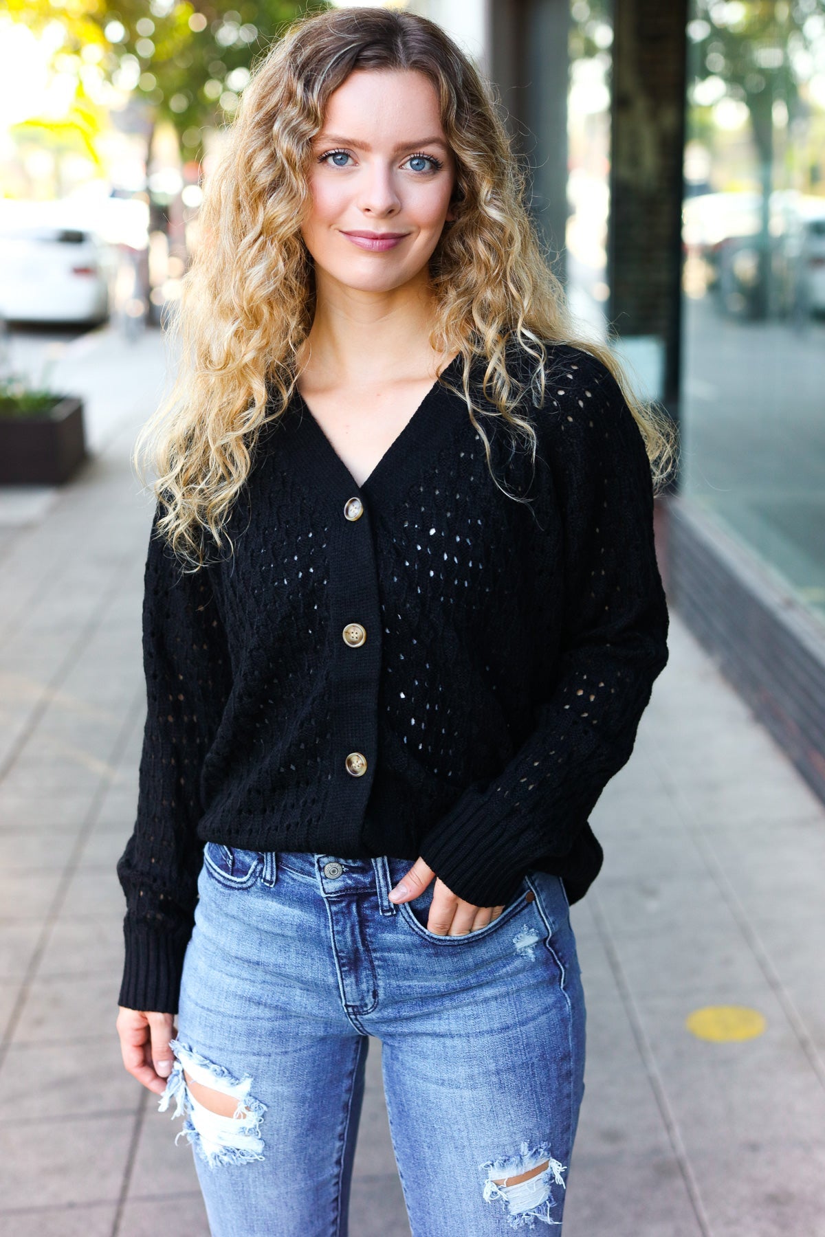Stylish Black Pointelle Knit Button Down Cardigan for Women | Elegant Lace Knit Sweater | Perfect for Office, Date Night & Fall Layering