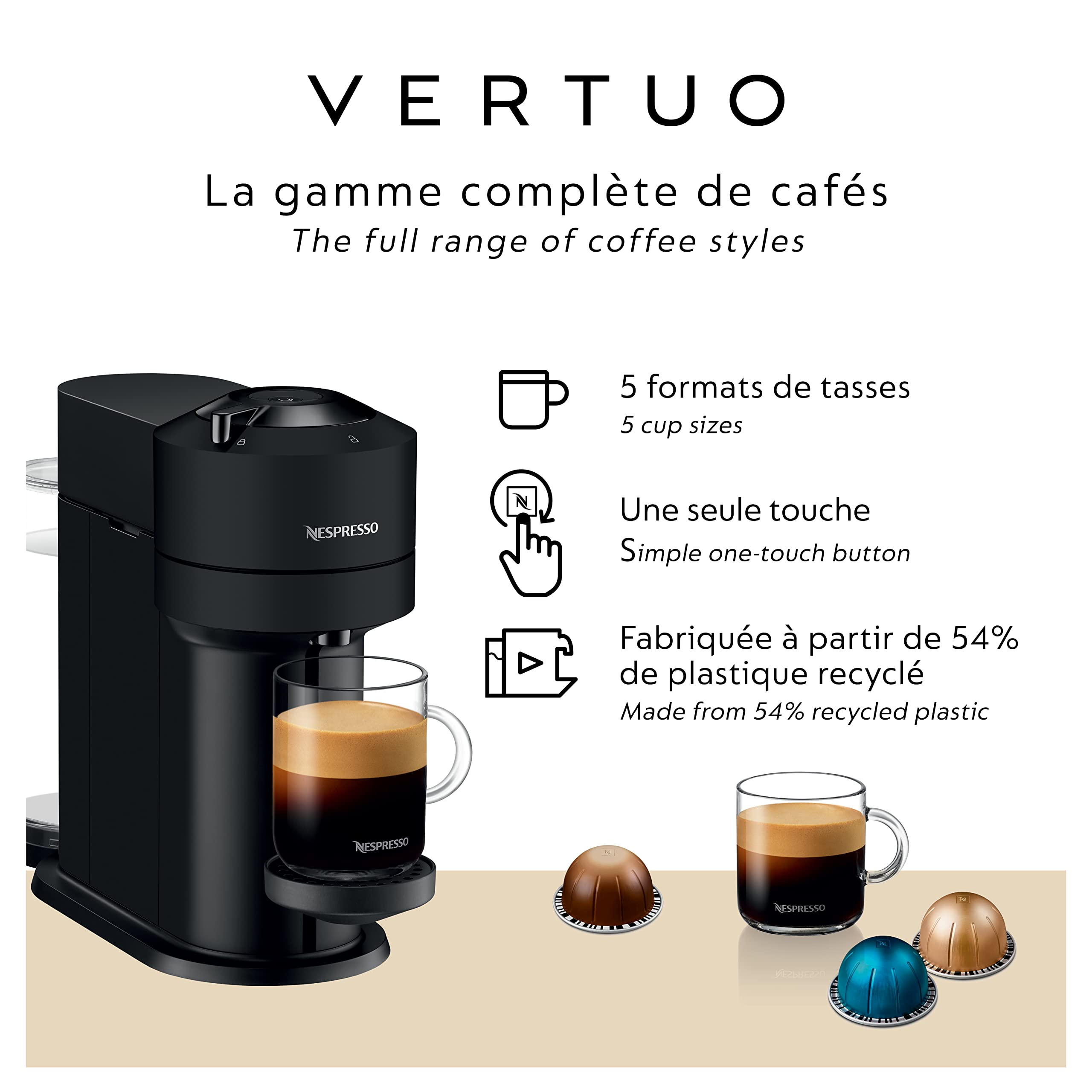 Nespresso Vertuo Next Coffee and Espresso Machine with Aeroccino Milk Frother by Breville - Matte Black | Single-Serve Pod Brewer for Home & Office Use