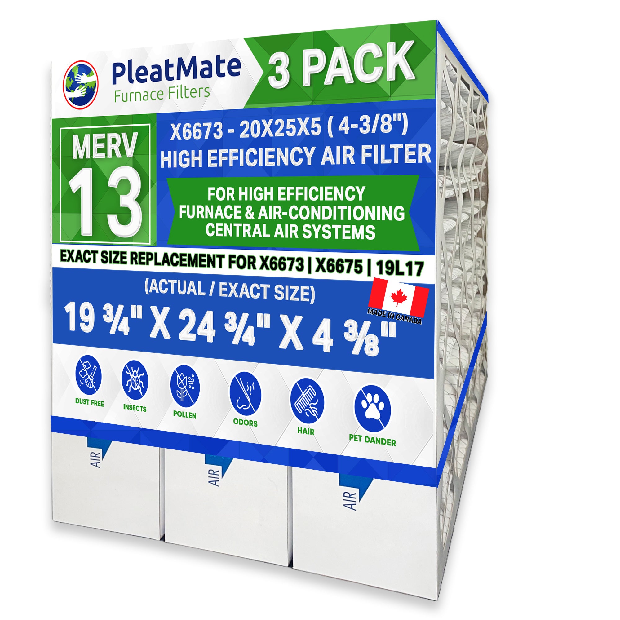 Lennox X6673 MERV 13 Air Filter 20x25x5 (Actual Size 19.75x24.75x4.375) - 3 Pack - Made in Canada - High Efficiency Furnace & AC Replacement Filter for Improved Indoor Air Quality - Perfect for Homes, Offices, and Commercial Spaces