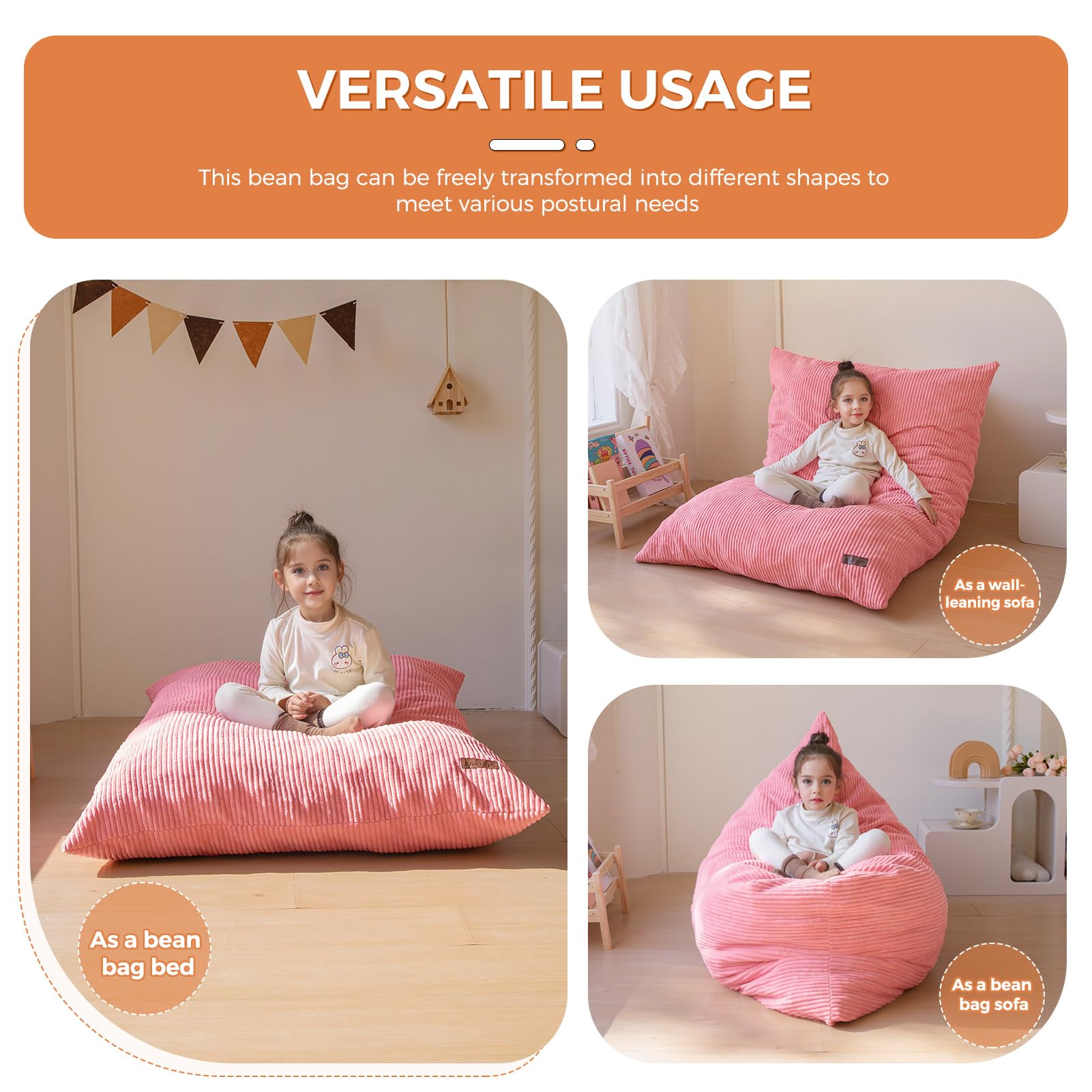 MAXYOYO 3-in-1 Convertible Kids Bean Bag Chair & Bed - Pink Floor Sofa for Children's Room, Gaming, Reading & Nap Time | Multi-Functional Toddler Furniture for Playroom, Bedroom & Dorm