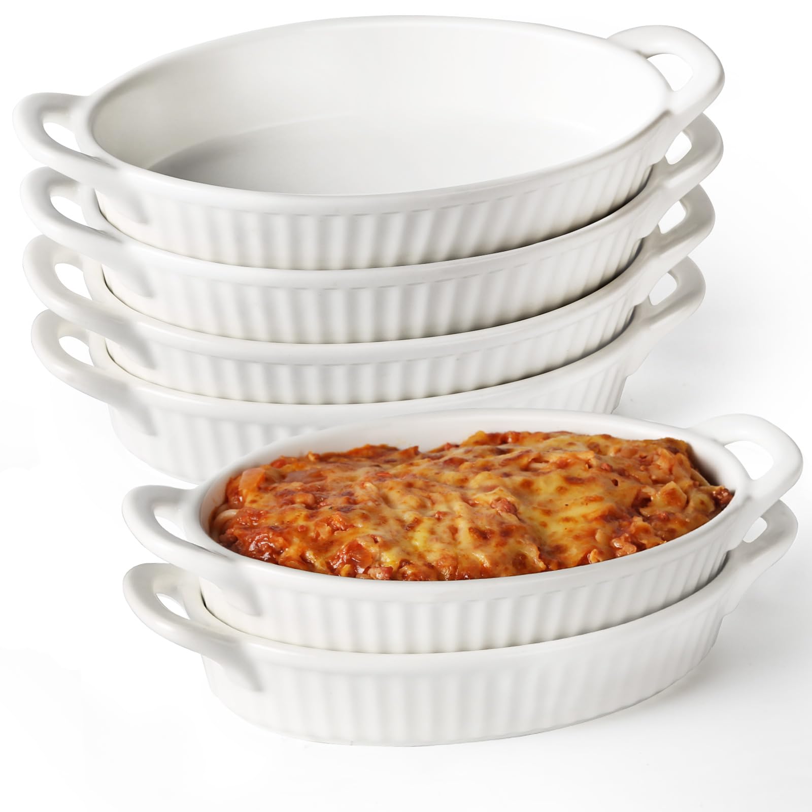 Frewinky 9-inch Ceramic Baking Dish Set with Handles - Heat Resistant Oven Safe Porcelain Casserole Dishes for Gratin, Roasting, Lasagna & Desserts - 6-Piece White Oval Bakeware Set for Home Cooking & Entertaining