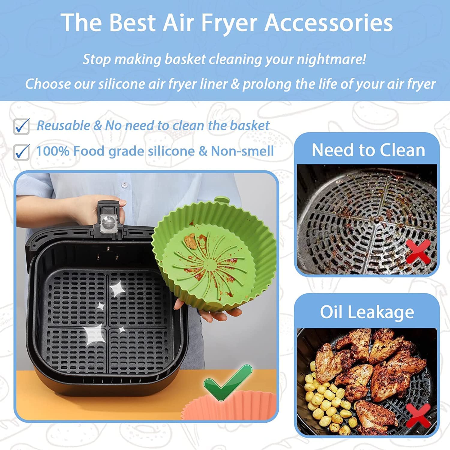 Kesi Reusable Silicone Air Fryer Pot with Ear Handles - Food Grade Heat Resistant Air Fryer Accessories & Silicone Liner with Wave Stripe Texture for Even Heating - Perfect for Air Fryer Ovens, Roasting Nuts, Baking Cookies & Healthy Cooking