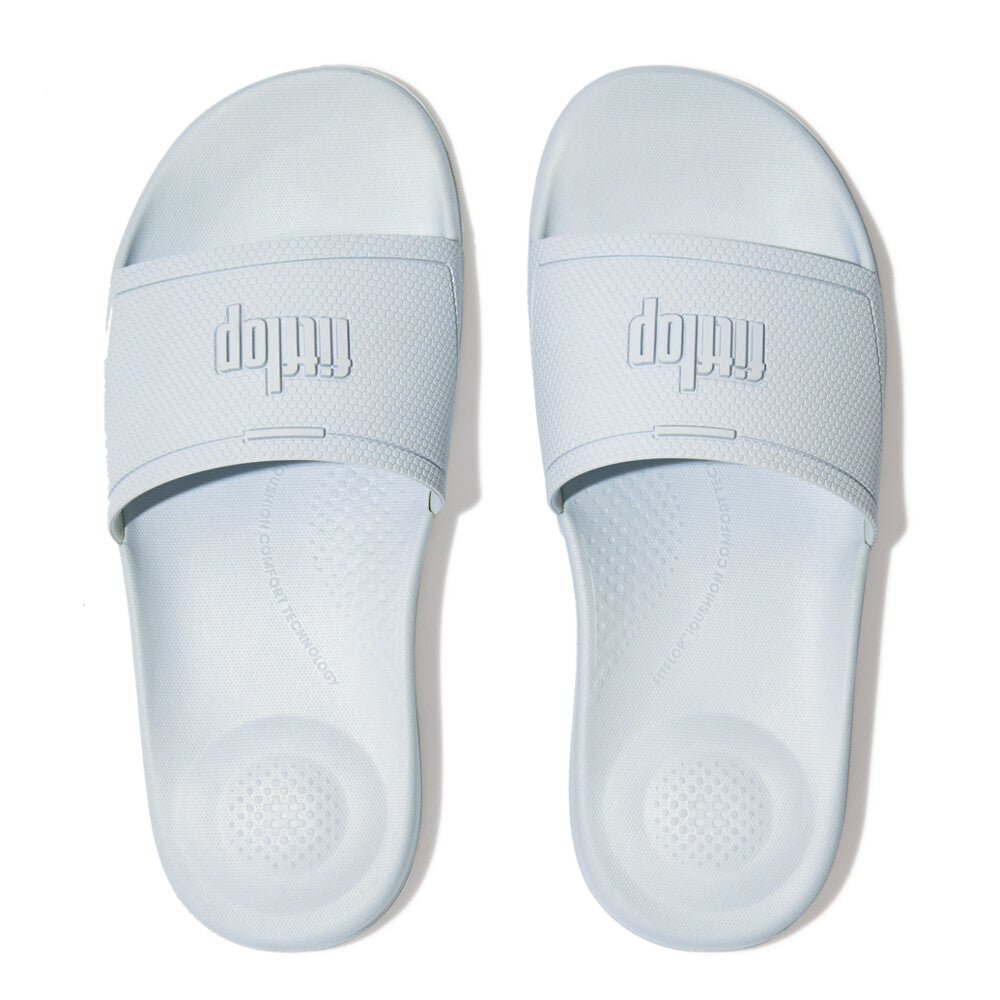 FitFlop Iqushion House Slide Sandals for Women - Comfortable Memory Foam Slides in Seafoam Blue | Perfect for Indoor, Lounge, and Beach Wear