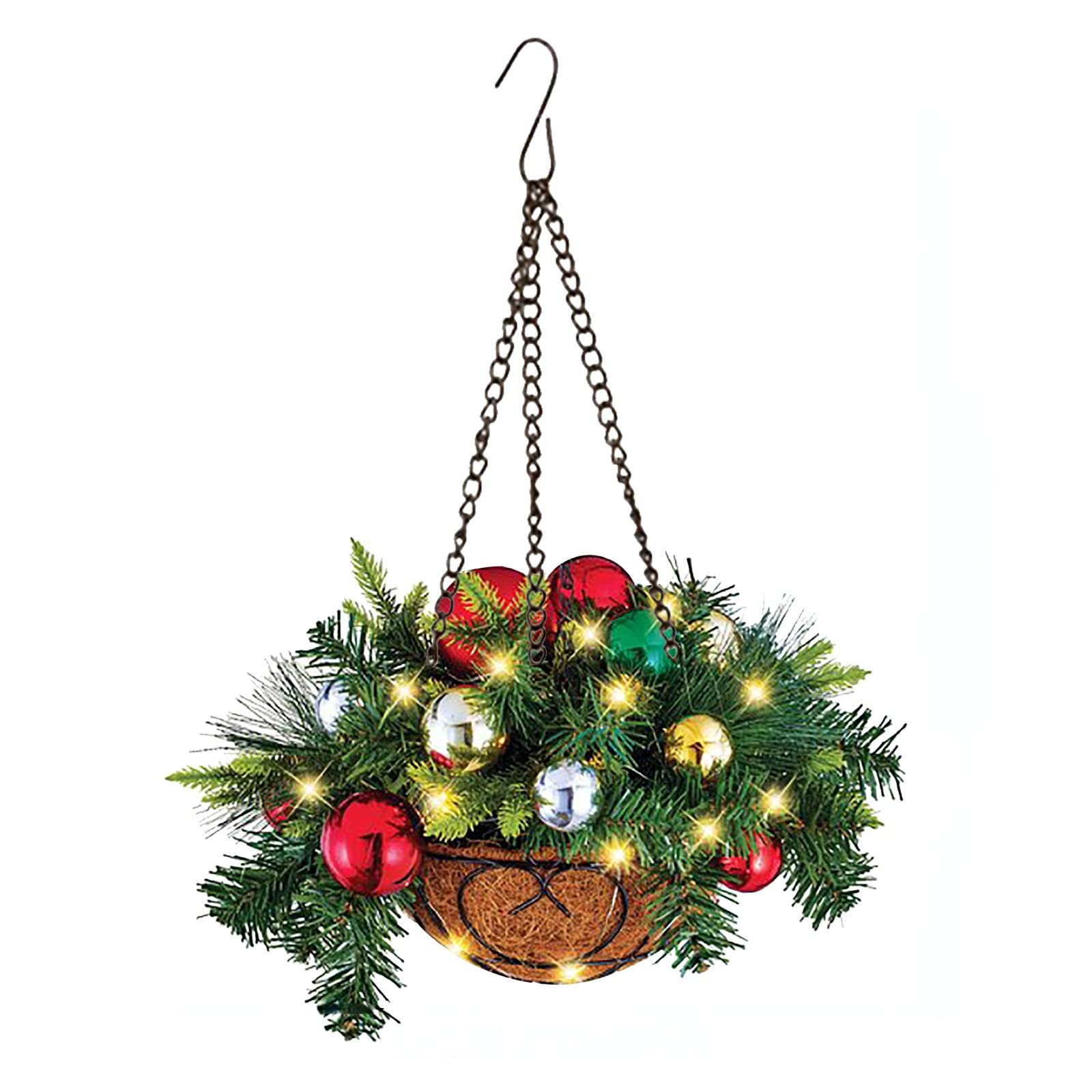 Pre-Lit Hanging Christmas Baskets with LED Lights - Outdoor Front Porch Decorations with Artificial Flowers - Waterproof Xmas Door & Porch Decor for Holiday Season - Perfect for Christmas, Winter, and Festive Home Decorating