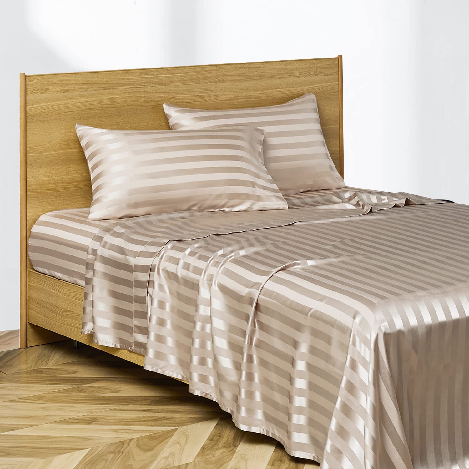Luxury Candoury Satin 4-Piece Bed Sheet Set - California King Size Soft Hypoallergenic Sheets with Pillowcases, Flat & Fitted Sheet - Wrinkle & Stain Resistant Bedding (Taupe Striped) for Master Bedroom, Guest Room & Hotel Luxury Experience