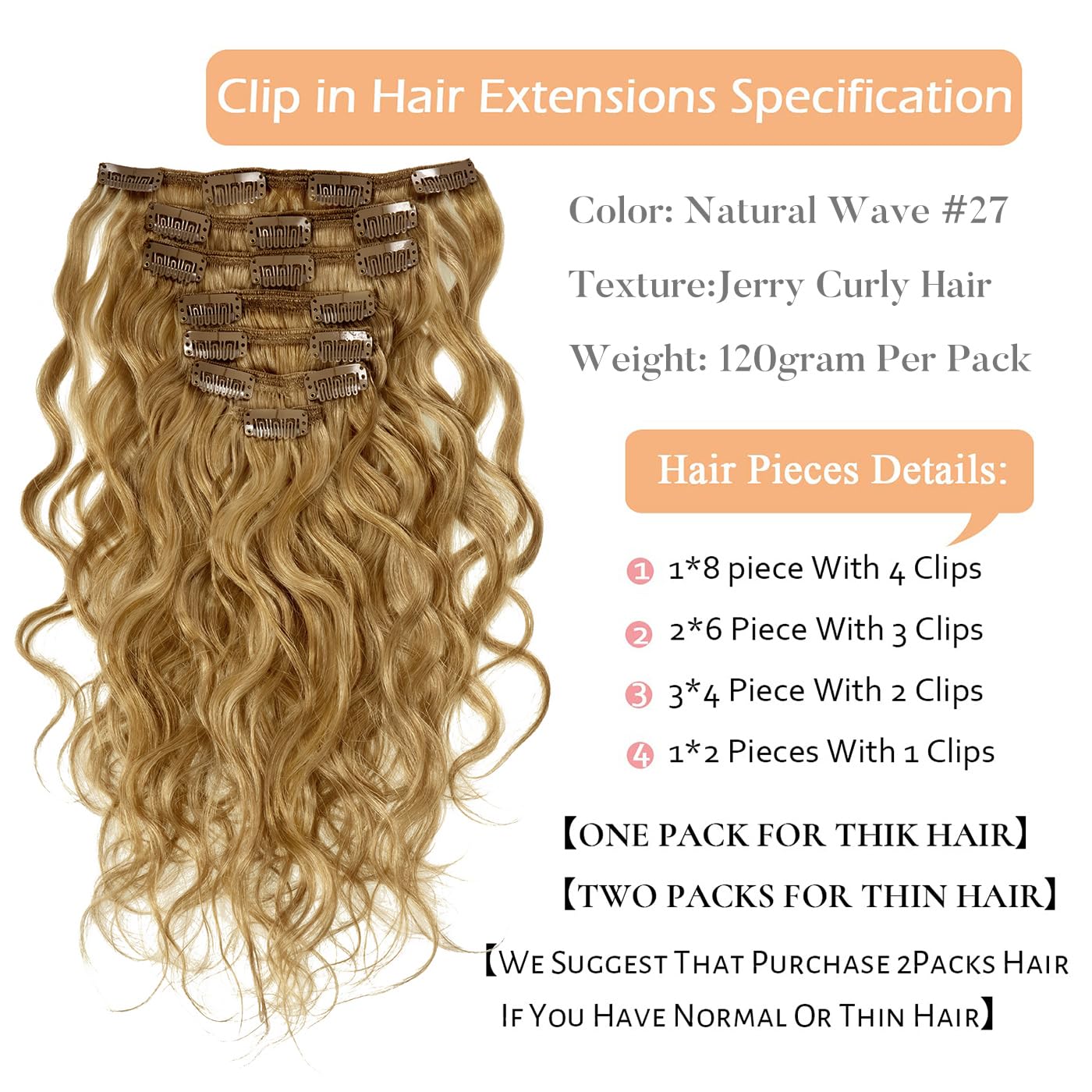18-Inch Honey Blonde Human Hair Extensions - Curly Clip-In Remy Hair with Natural Waves | Double Weft 120g Thick Hair Extensions for Women (7-Piece Set #27) | Perfect for Parties, Weddings & Daily Styling