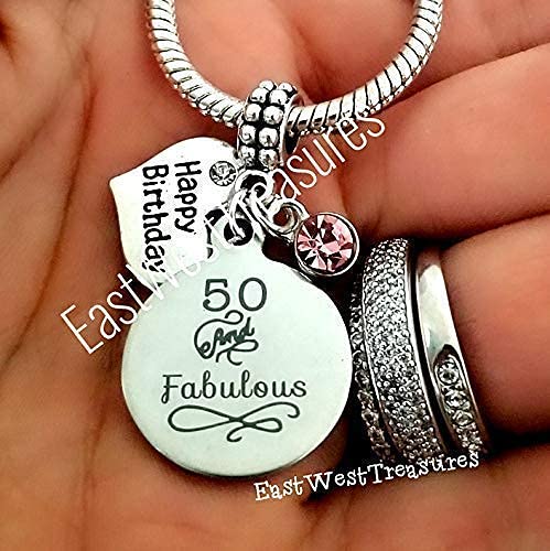 50th Birthday Jewelry Set for Women - Personalized Heart Charm Bracelet, Necklace & Keychain with Birthstone - 50 and Fabulous Gift - Perfect for Milestone Celebrations, Anniversaries & Special Occasions