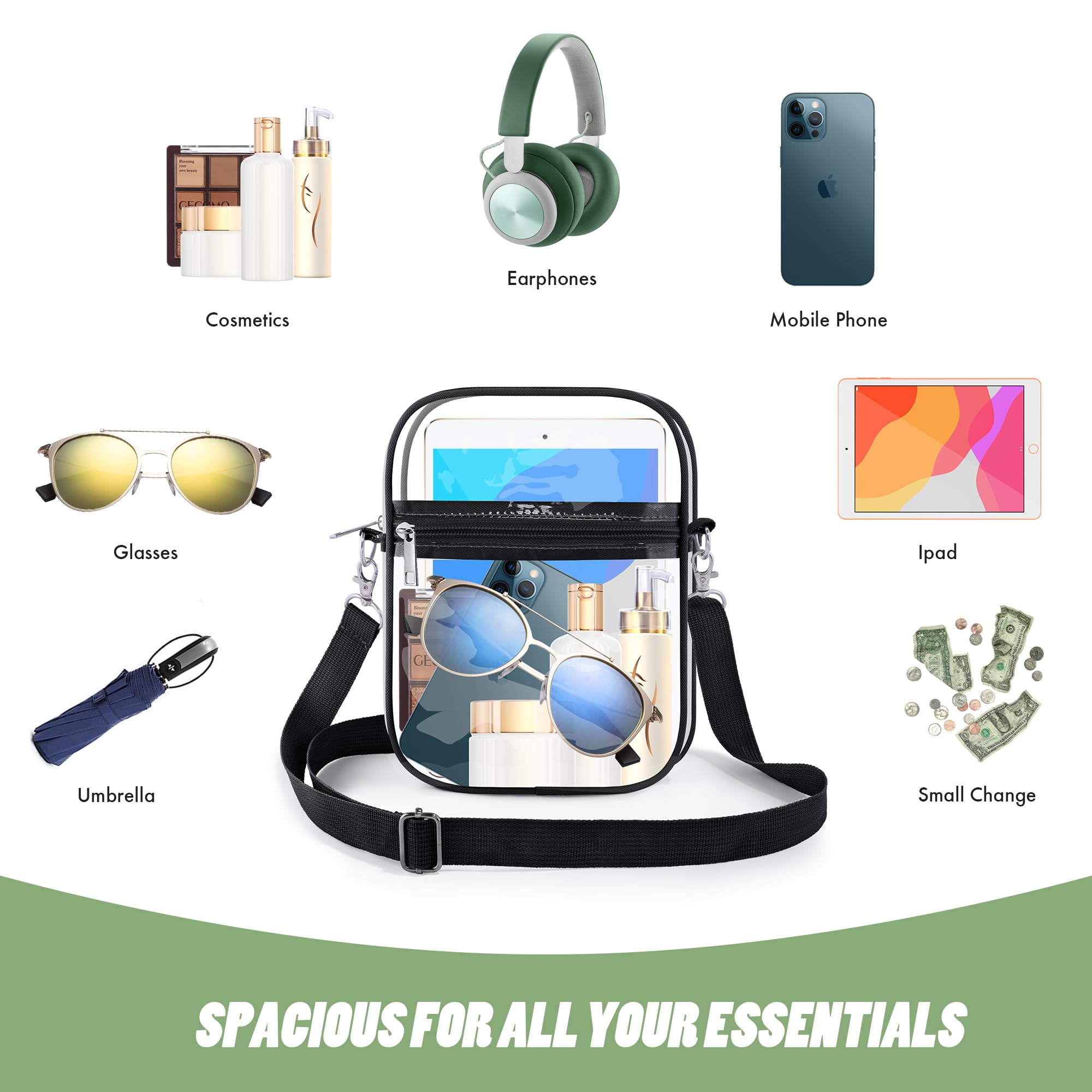 Clear Stadium Bag for Women - Transparent Crossbody Purse & Backpack for Concerts, Sports Events, and Travel - FAA Approved Security Tote
