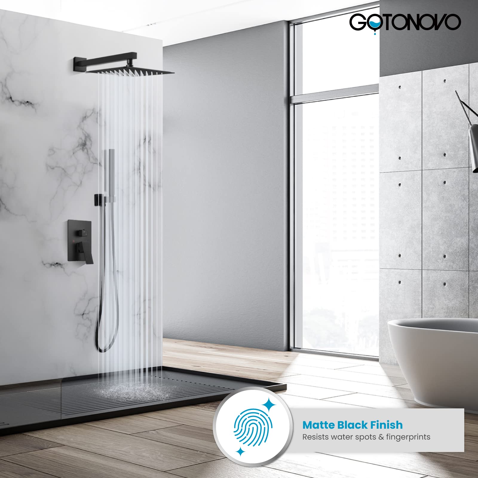 Gotonovo Matte Black 12 Inch Square Shower Faucet Set - Wall Mount Rainfall Shower System with 2-in-1 Cylindrical Handheld Showerhead and Rough-in Valve for Modern Bathroom Renovation | Perfect for Spa-Like Shower Experience and Luxury Home Upgrade