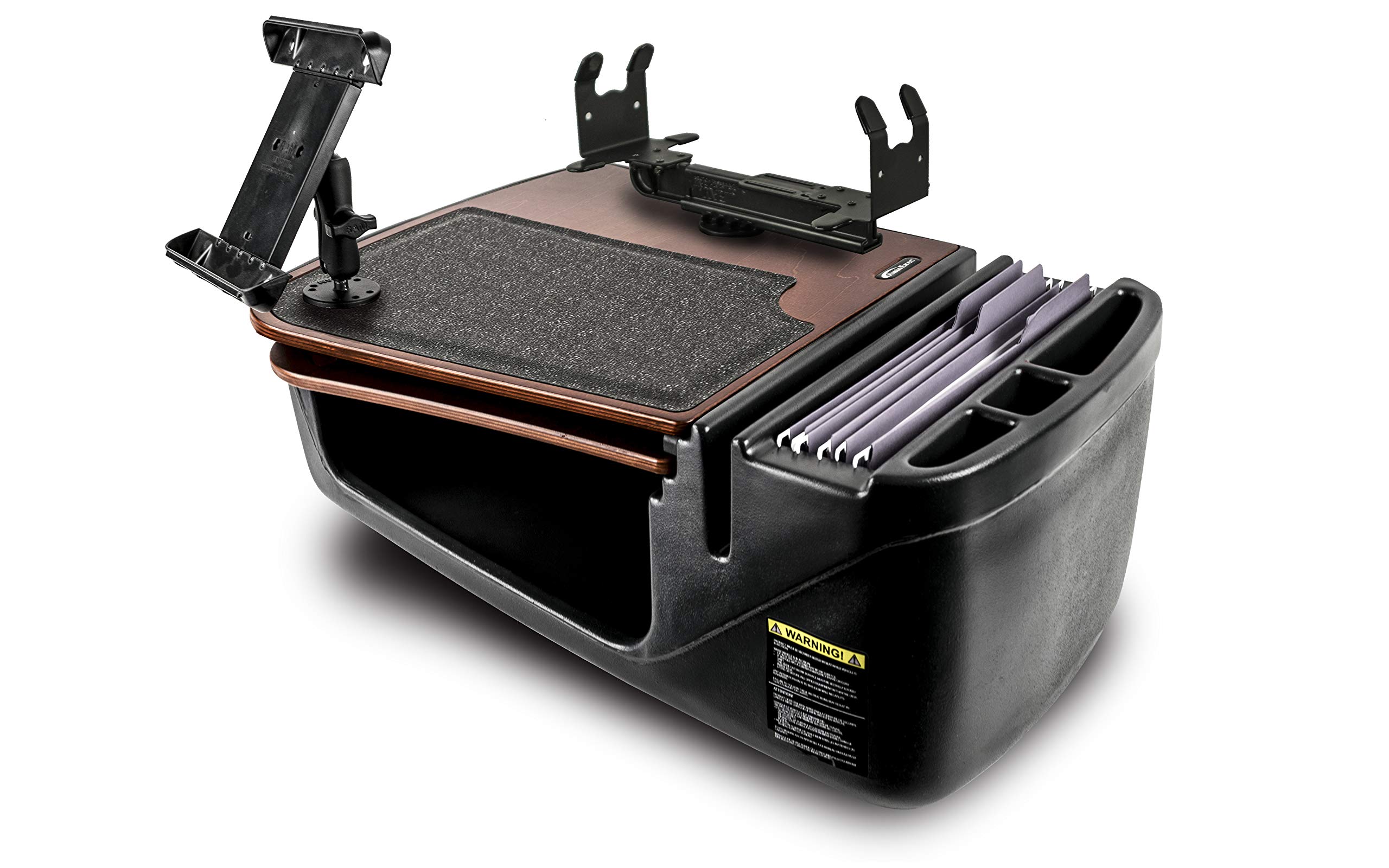 AutoExec AUE15350 GripMaster Car Desk with Printer Stand & Tablet Mount - Mahogany Finish Wooden Laptop Tray for Work from Car, Truck or RV Office Setup
