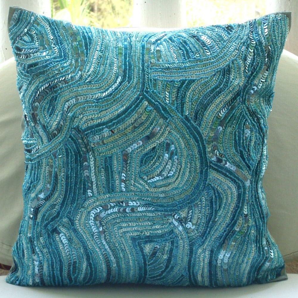 Blue Sequined Beaded Abstract Glitter Pillow Shams 24x24 Inch (60x60 cm) - Silk Square Decorative Throw Pillow Covers for Beach House, Bedroom & Coastal Decor - Aqua Infinity Sea Creature Design