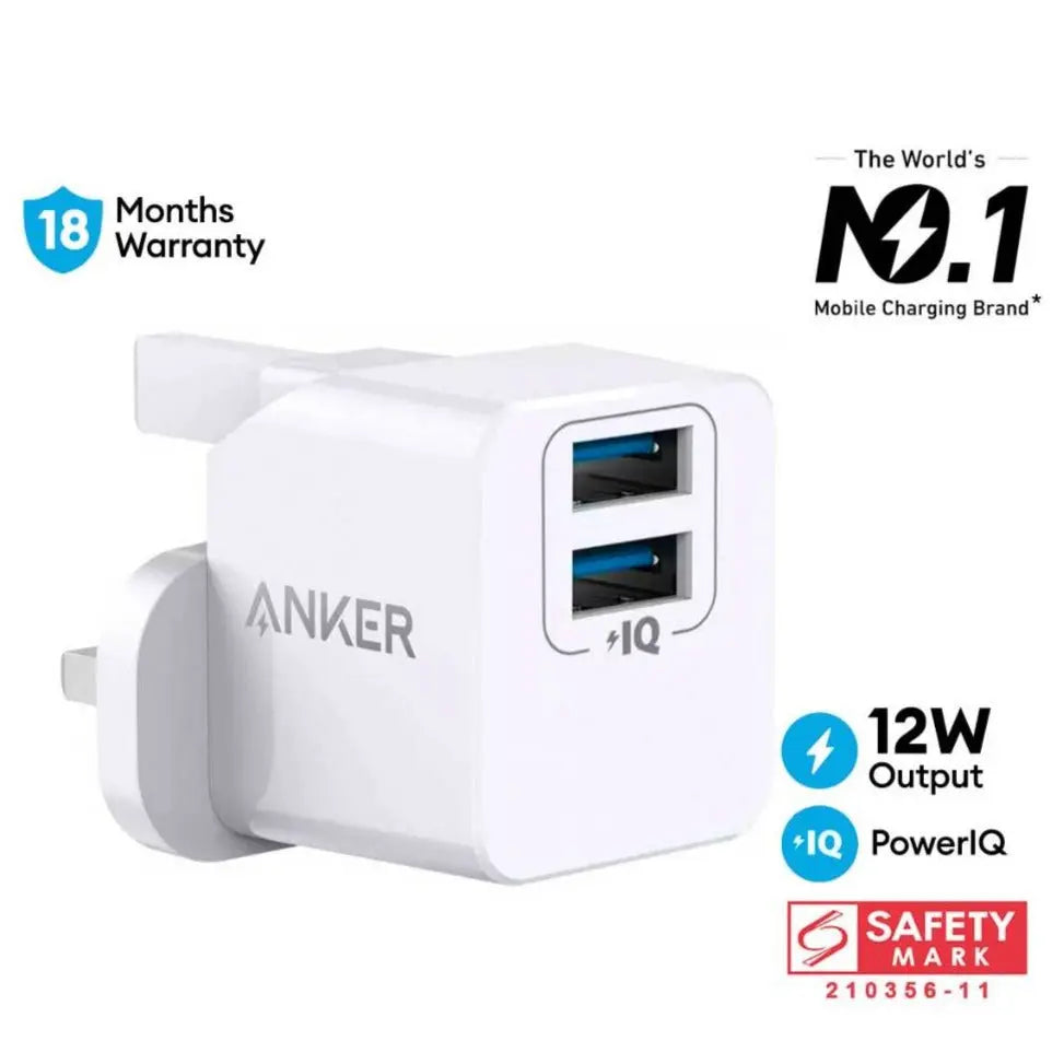 Anker PowerPort Mini 12W Dual Port USB Wall Charger A2620 - Fast Charging for iPhone, Android, iPad - Perfect for Home, Office & Travel