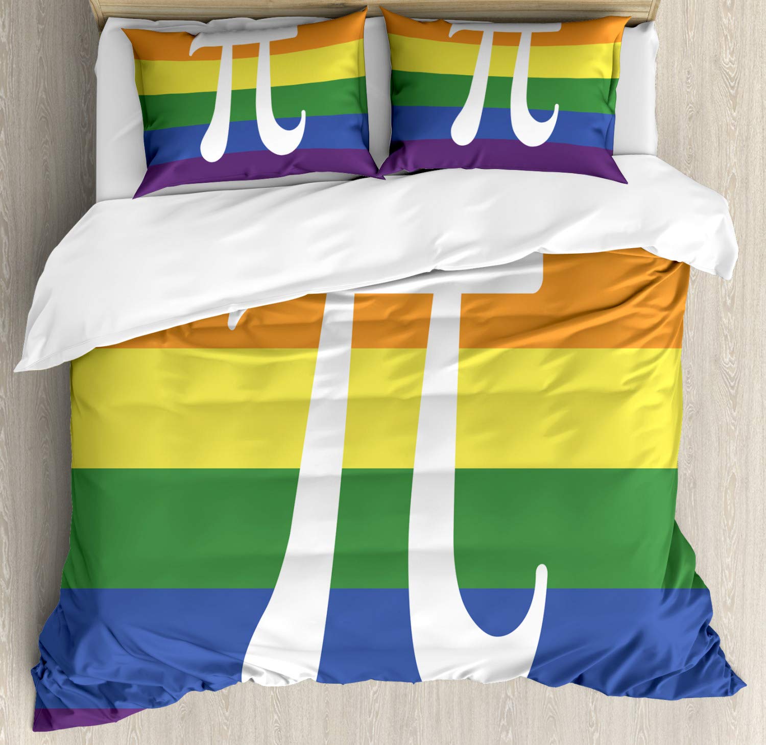 Ambesonne Pi Duvet Cover Set - Queen Size 3 Piece Bedding with 2 Pillow Shams, White Math Symbol on Rainbow Geometric Pattern, LGBT Pride Themed Decorative Comforter Cover | Perfect for College Dorms, LGBTQ+ Pride Events & Modern Home Decor