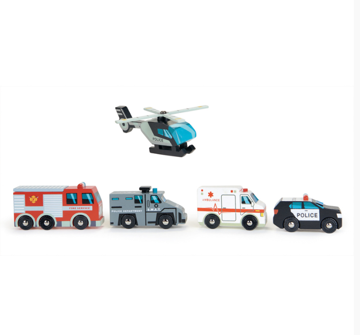 Tender Leaf Emergency Vehicles Toy Set - Wooden Fire Truck, Police Car & Ambulance for Kids - Pretend Play & Learning Toys for Toddlers & Preschoolers