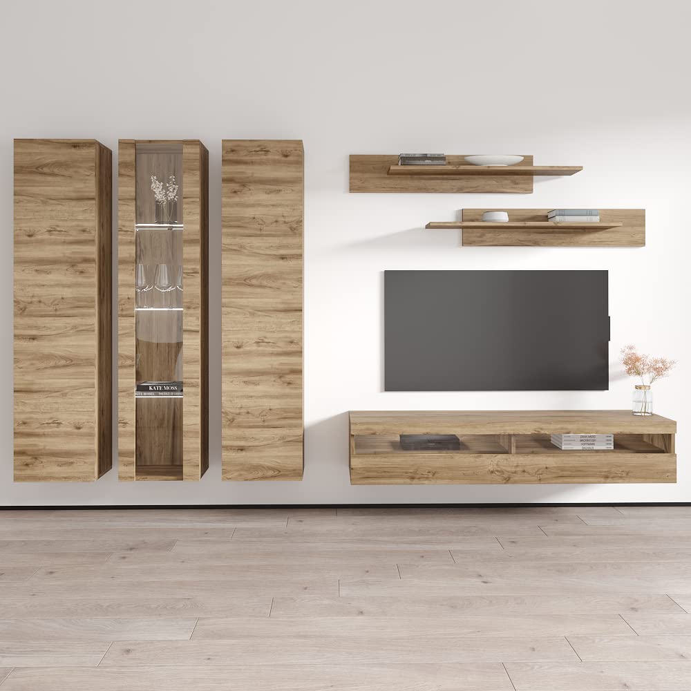 Modern Oak Floating TV Stand with Storage & LED Lights - Wall-Mounted Entertainment Center for Living Room & Bedroom - Space-Saving TV Console with Shelves - Perfect for Small Apartments & Home Theaters