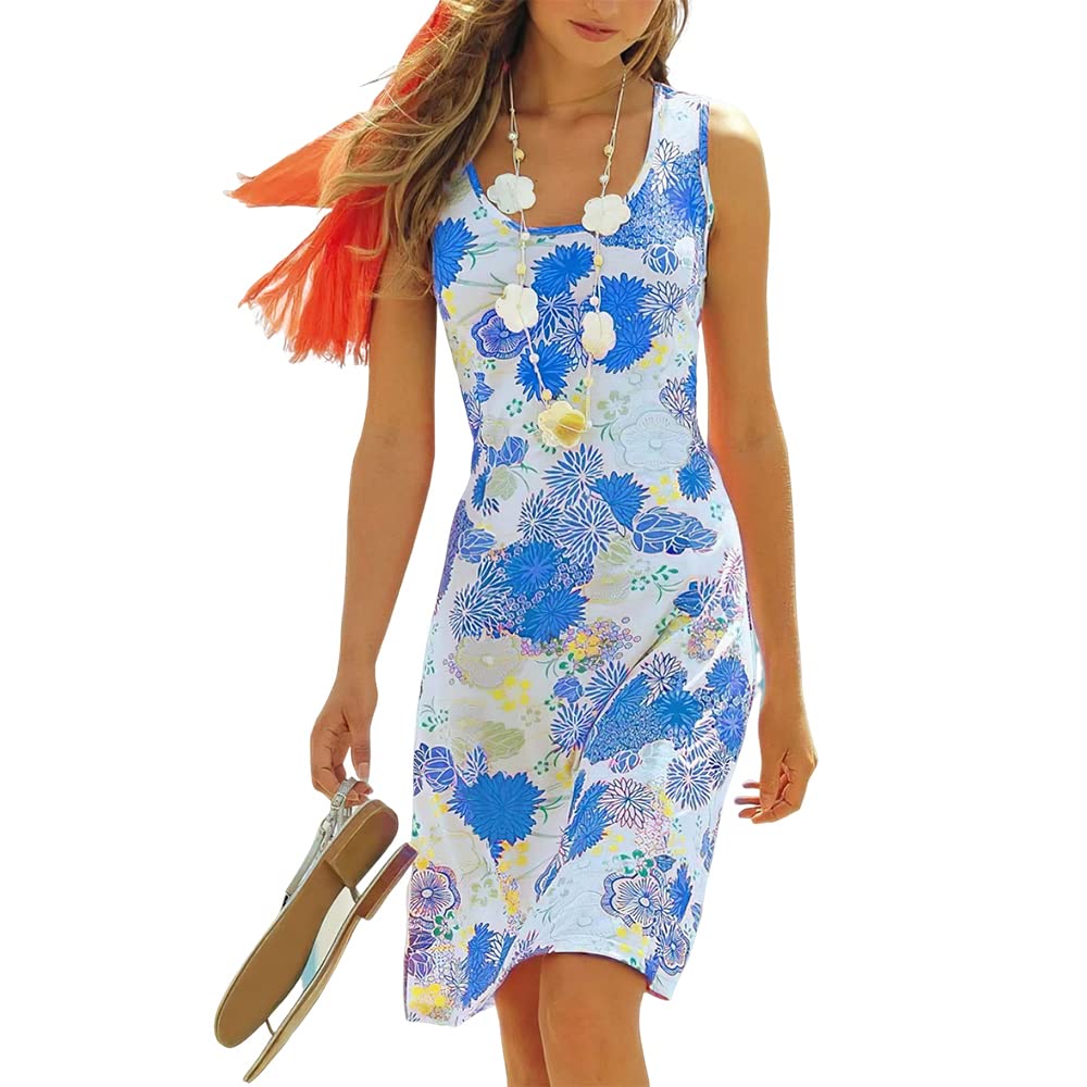 Women's Floral Print Sleeveless Tank Dress - U Neck Knee-Length Midi Summer Dress for Beach, Vacation & Casual Outings